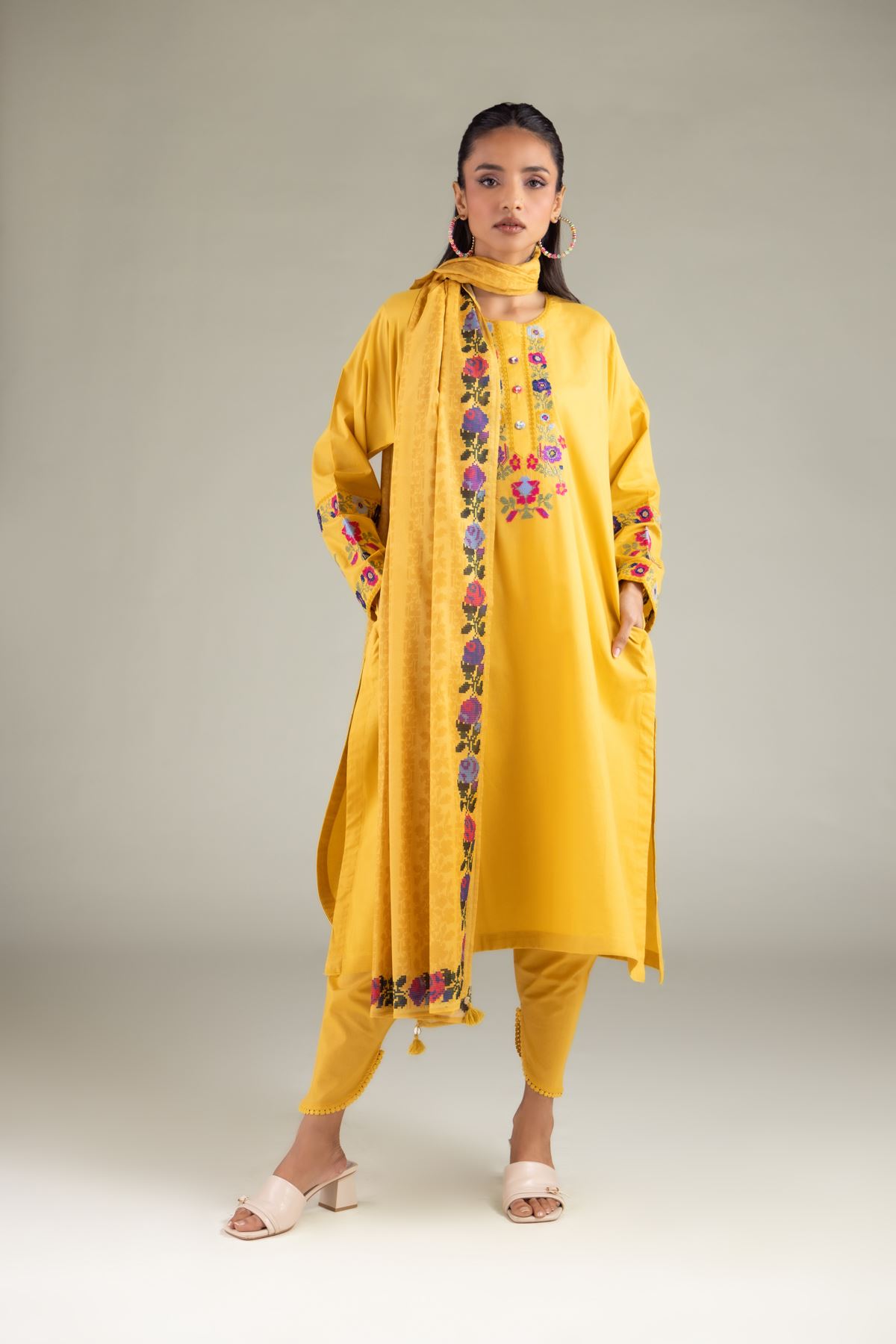 Embroidered Cambric Floral Longline Kurta - 1-26-108-A-F-VG