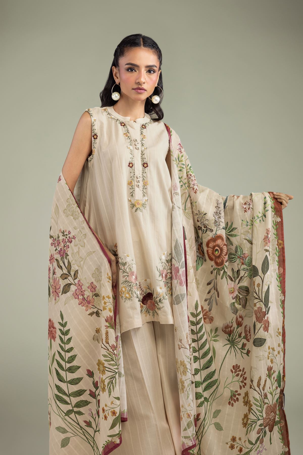 Embroidered Textured Cotton Floral Cotton Dupatta - 1-26-131-A-E-VG