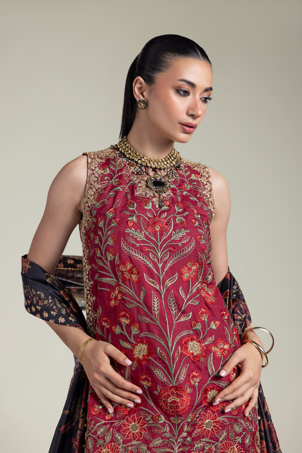 Embroidered Raw Silk Three-Piece Silk Set - 12-26-115-F-B-VG