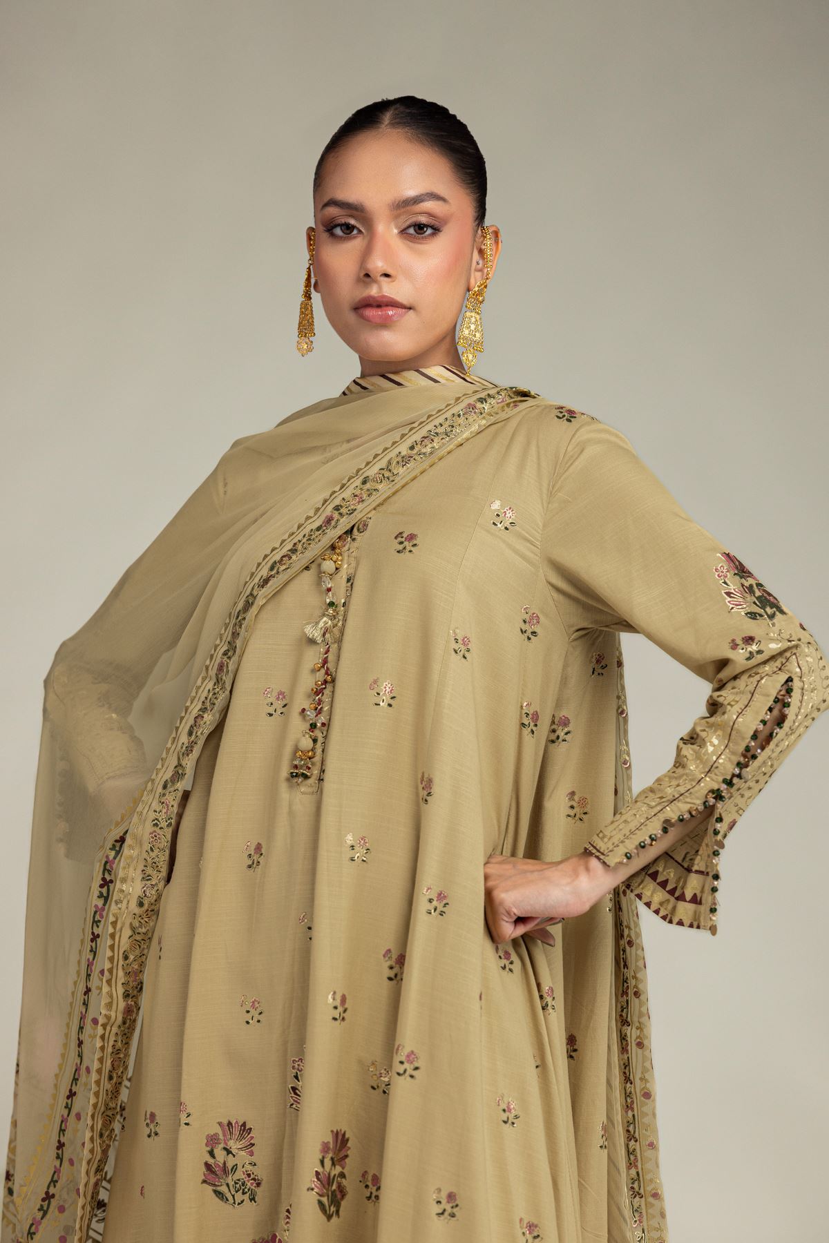 Embroidered Raw Silk 3 Piece Co-ord Set - 12-26-106-F-F-VG