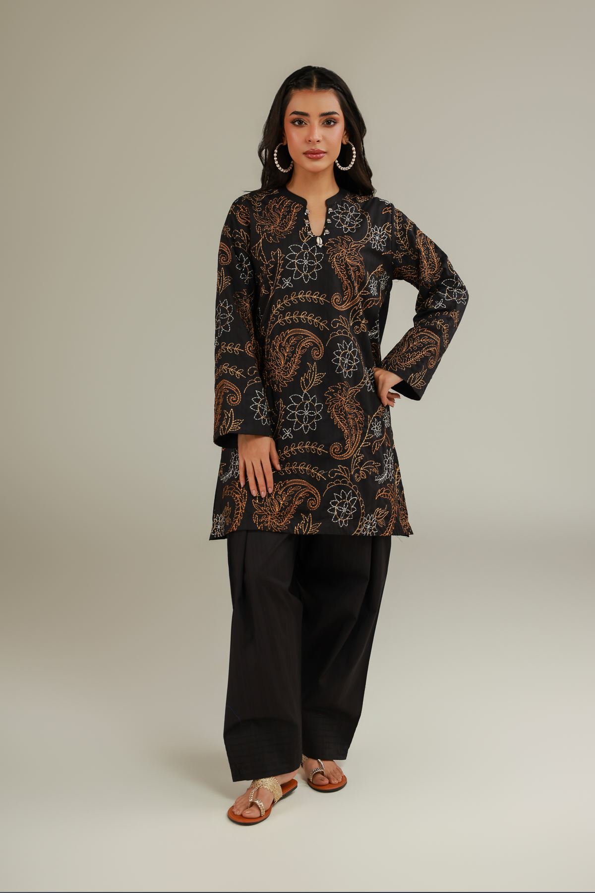 Embroidered Cotton Dobby Short Black Kurta - 1-26-137-A-B-VG