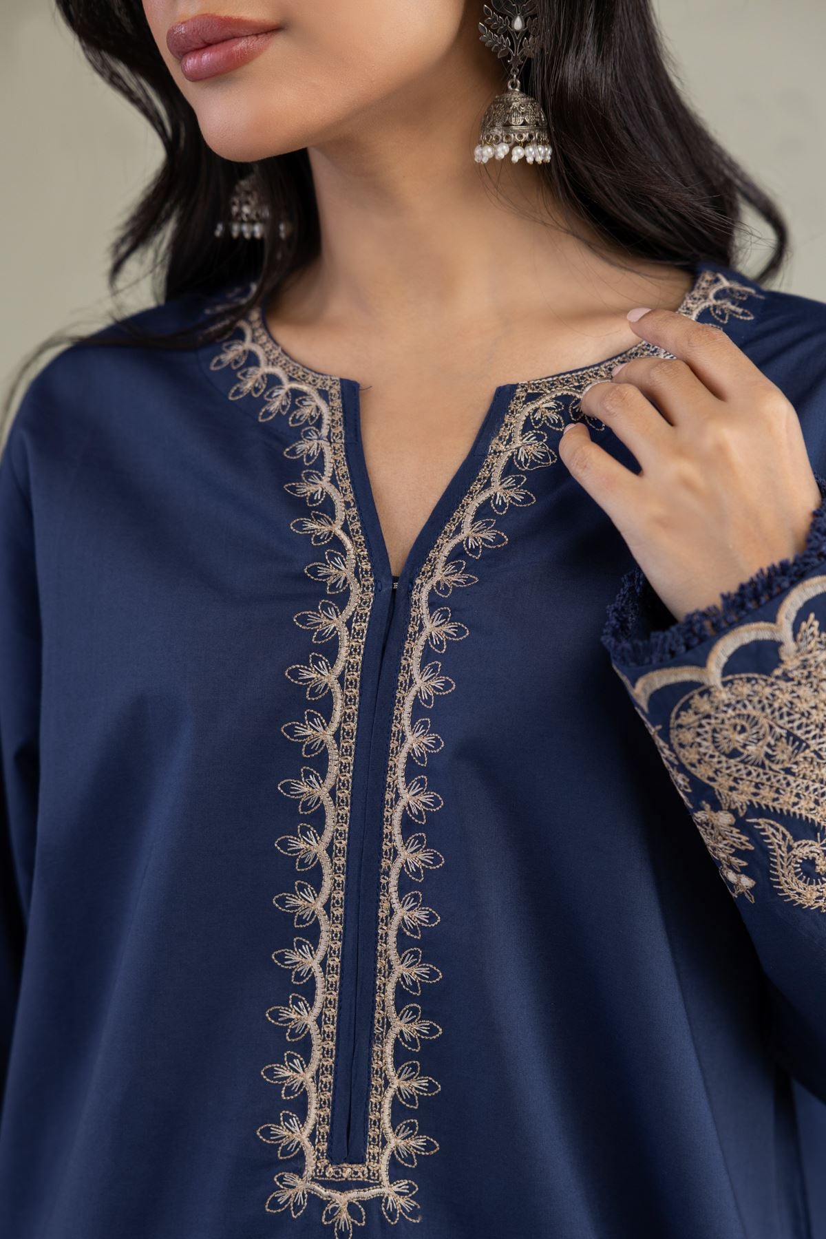 Embroidered Cambric Navy V-Neck Kurta - 8-26-303-A-C1-VG