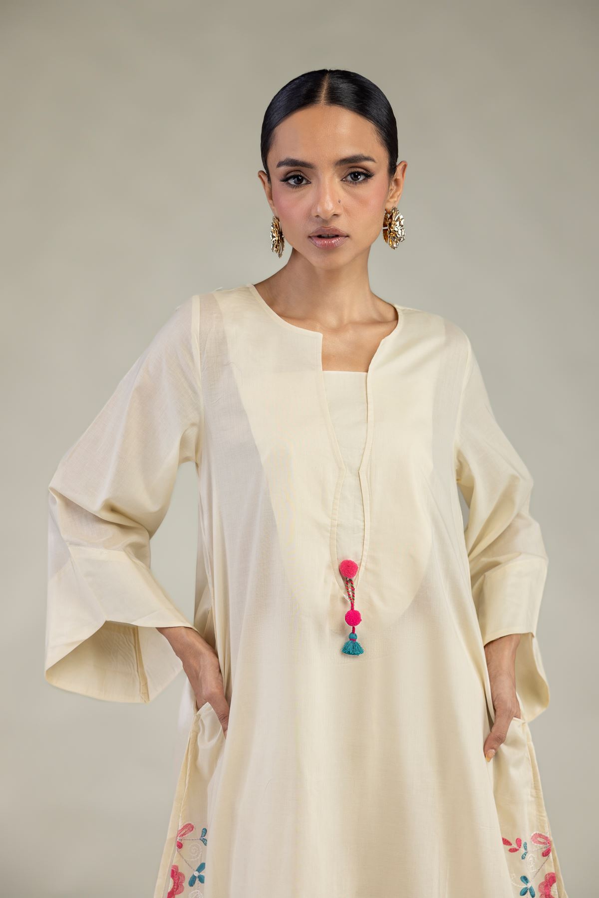 Embroidered Cambric Long Floral Kurta - 1-26-327-A-J1-VG