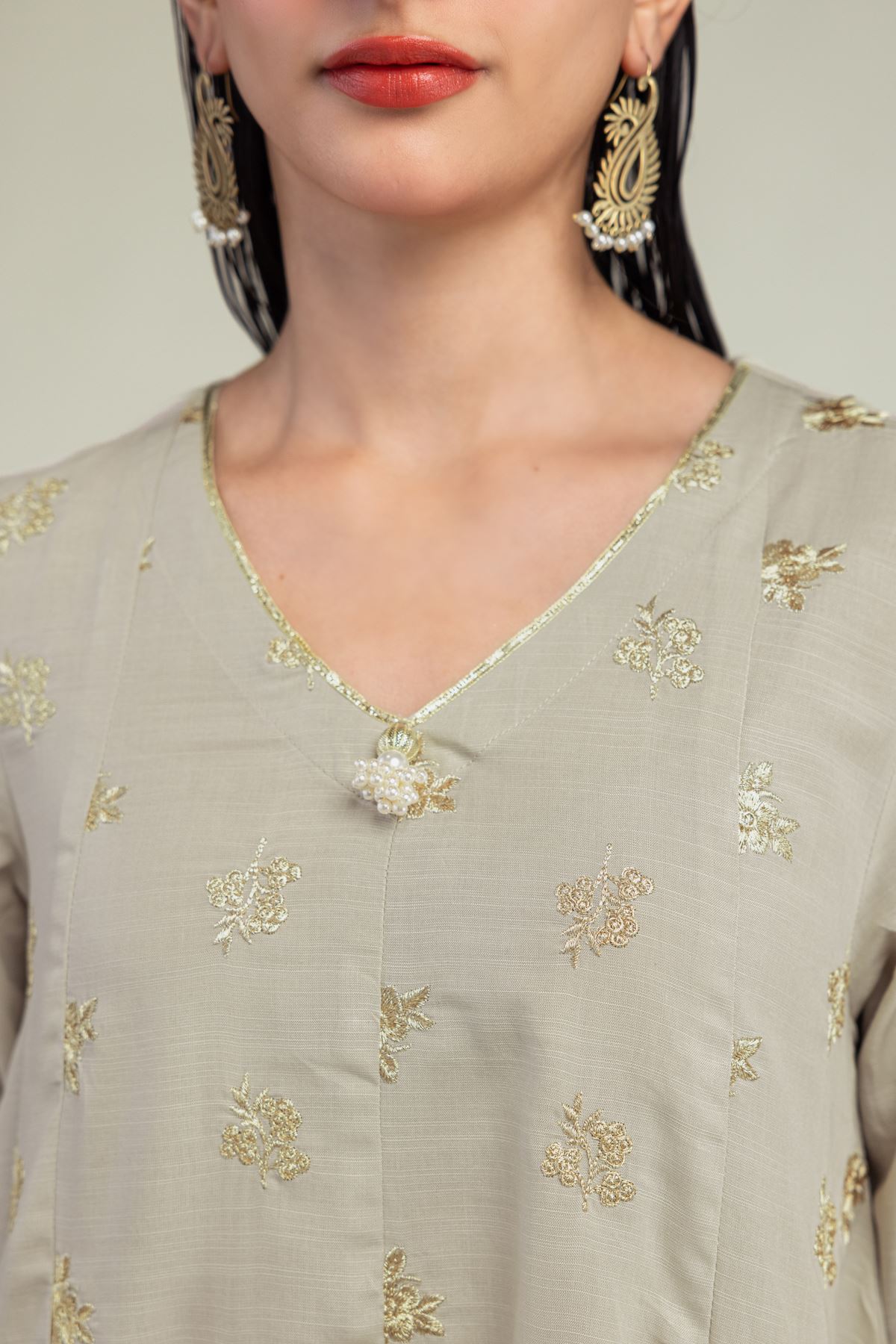 Embroidered Raw Silk Beige V-Neck Kurta - 2-26-201-A-A-VG