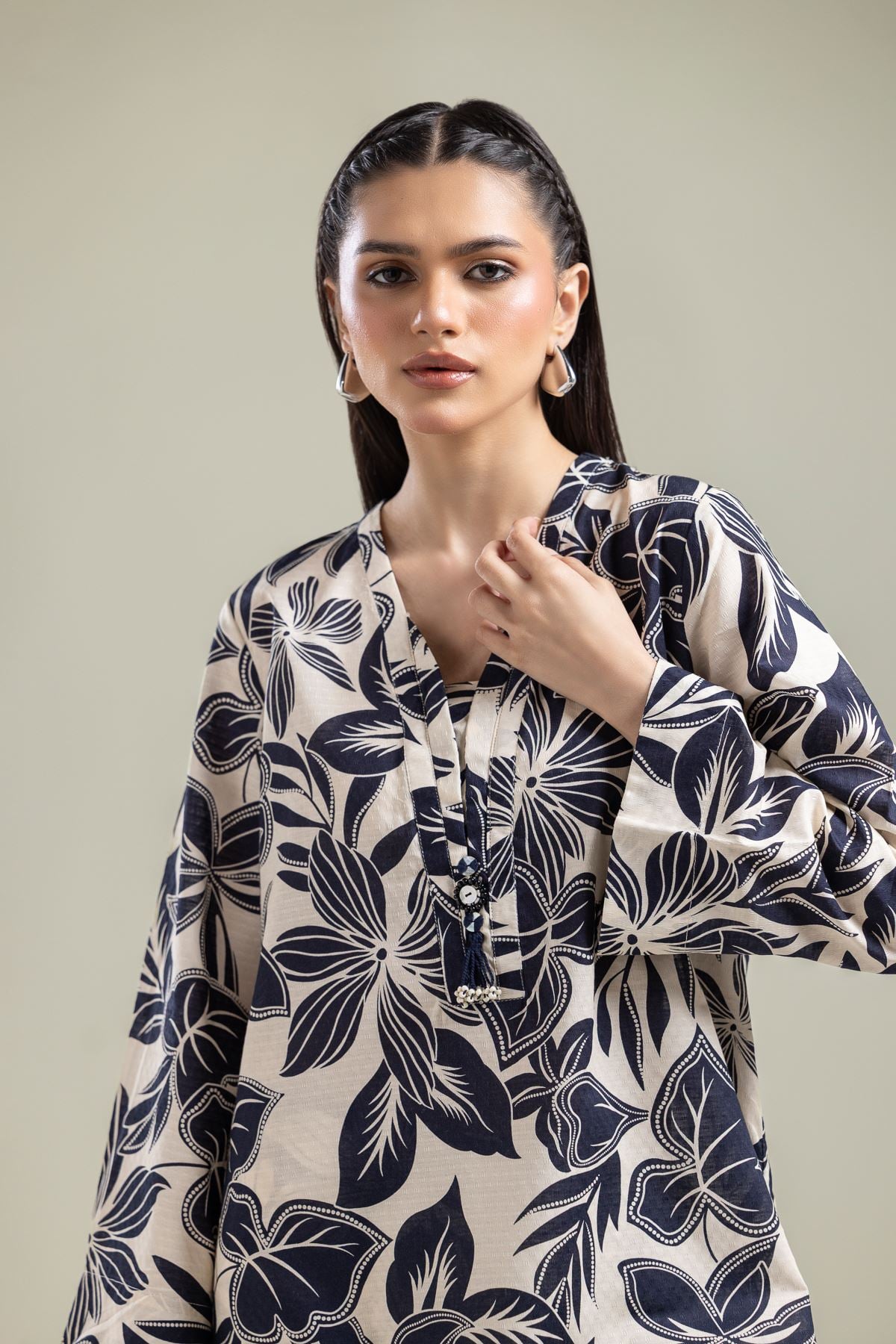 Printed Cotton Dobby Floral V-Neck Kurta - T-A113-26-101EI2-VG