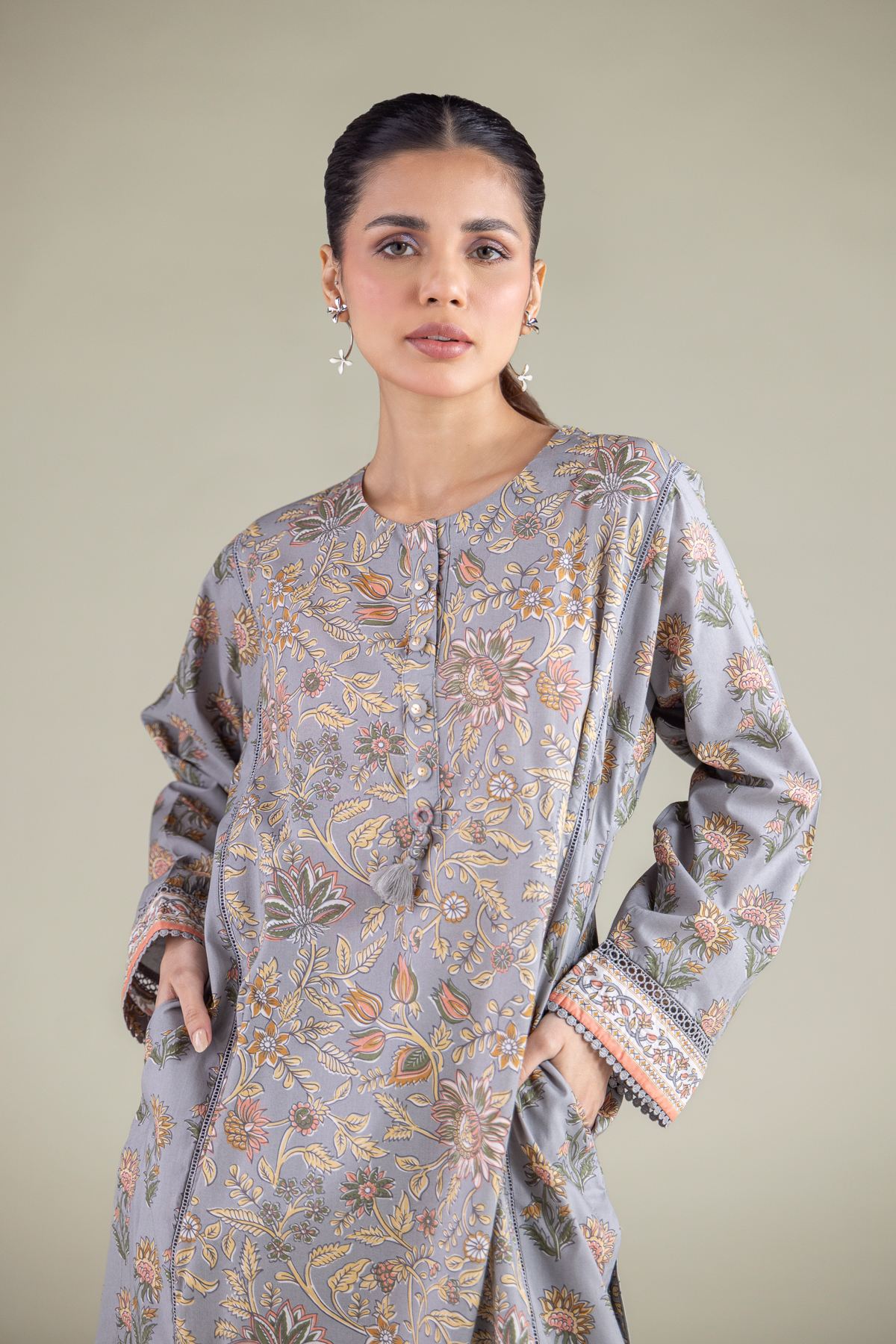 Printed Cambric Floral Longline Kurta - 1-26-144-B-A-VG