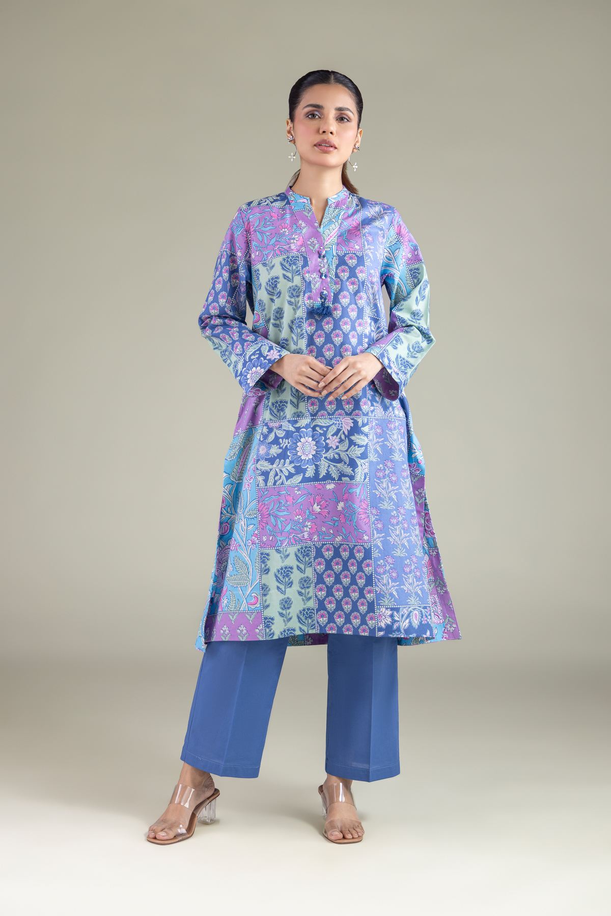 Printed Cambric Floral Longline Kurta - 1-26-127-A-G-VG