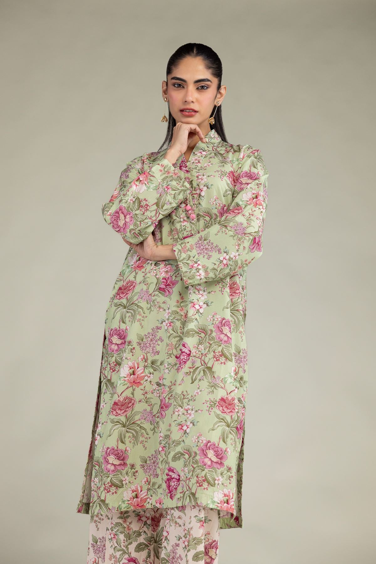 Printed Cotton Viscose Floral Longline Kurta - 1-26-244-A-D1-VG