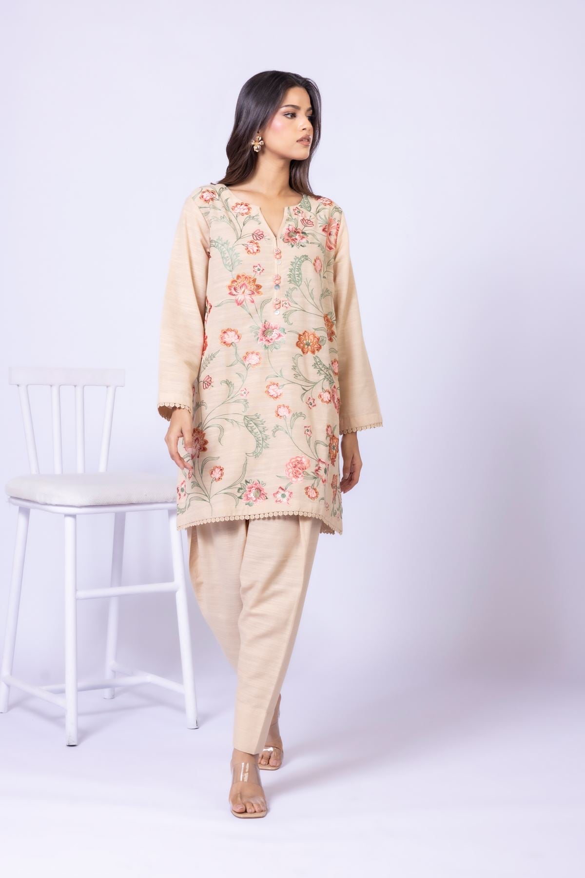 Embroidered Textured Cotton Kurta - 25-09-11E3-07TA-VG