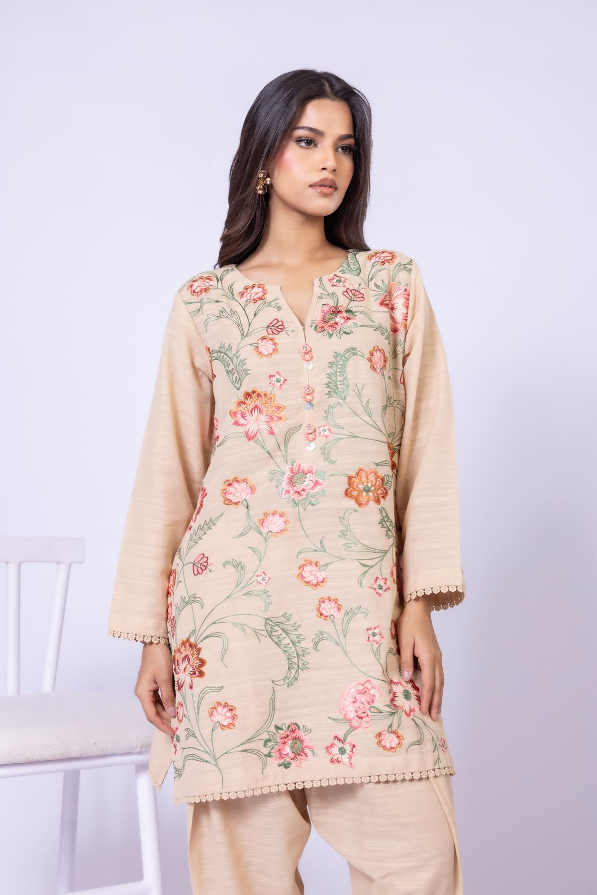 Embroidered Textured Cotton Kurta - 25-09-11E3-07TA-VG