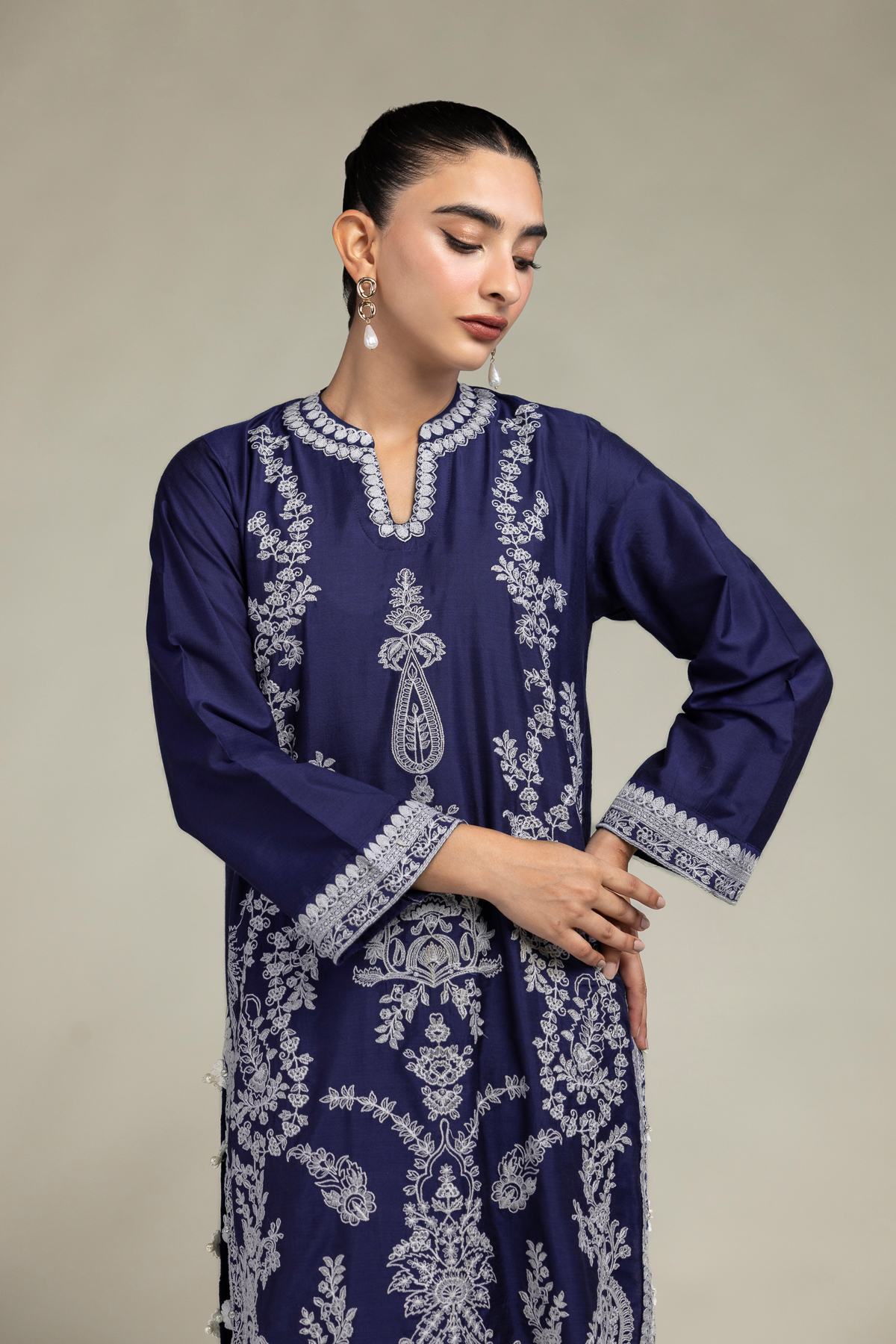 Embroidered Raw Silk Navy Floral Kurta - 1-26-306-B-B1-VG