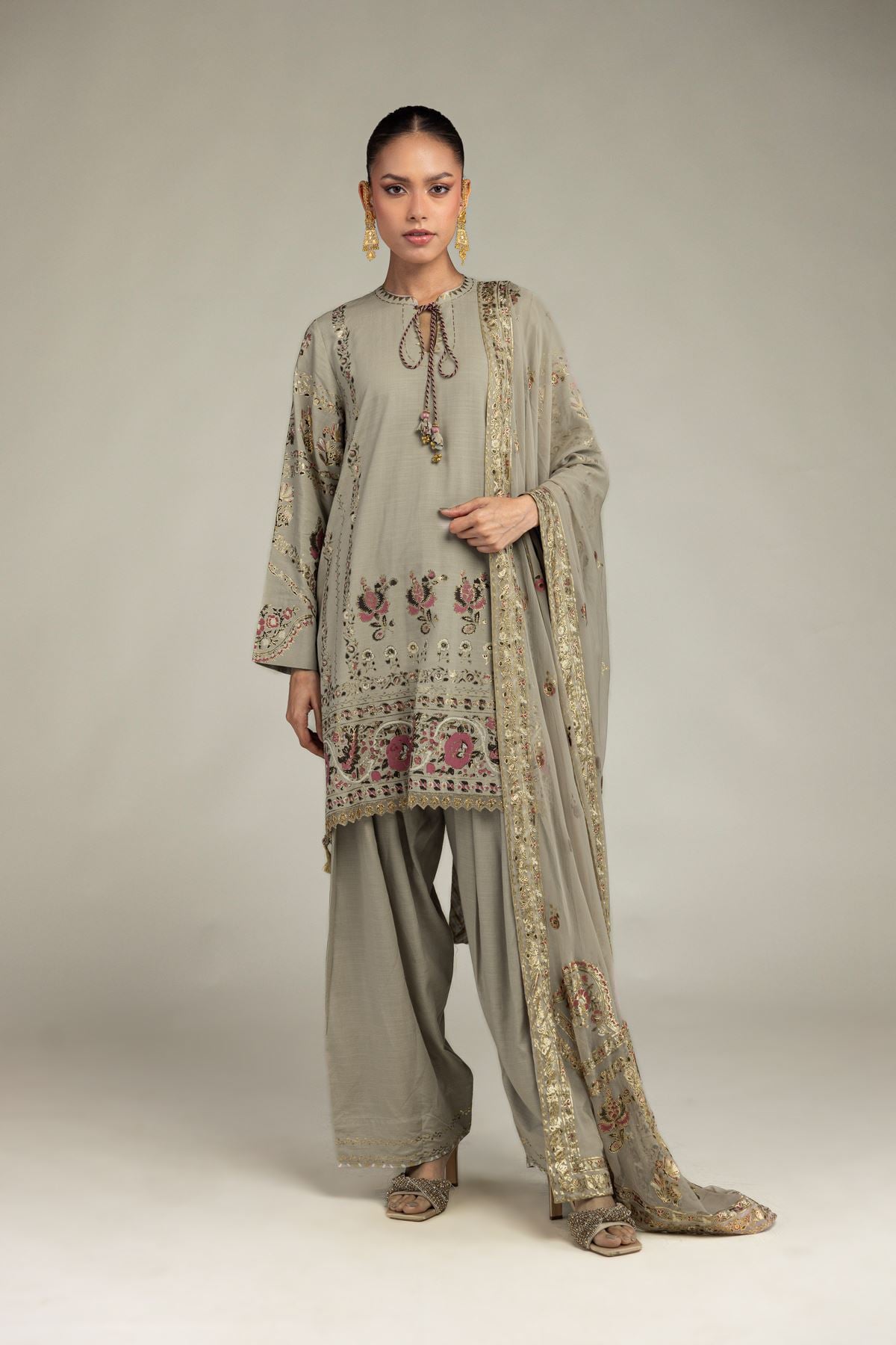 Embroidered Raw Silk 3-piece Co-ords Set - T-A11-26-118FI2-VG