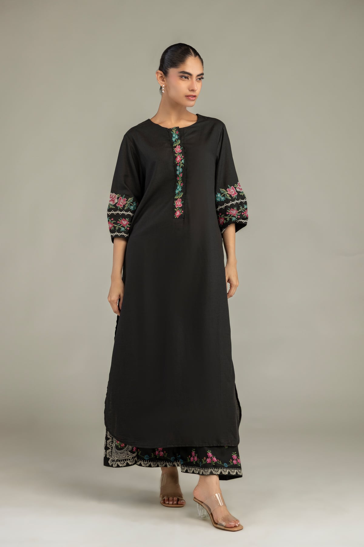 Embroidered Raw Silk Long Black Kurta - A22-26-214FH1-VG