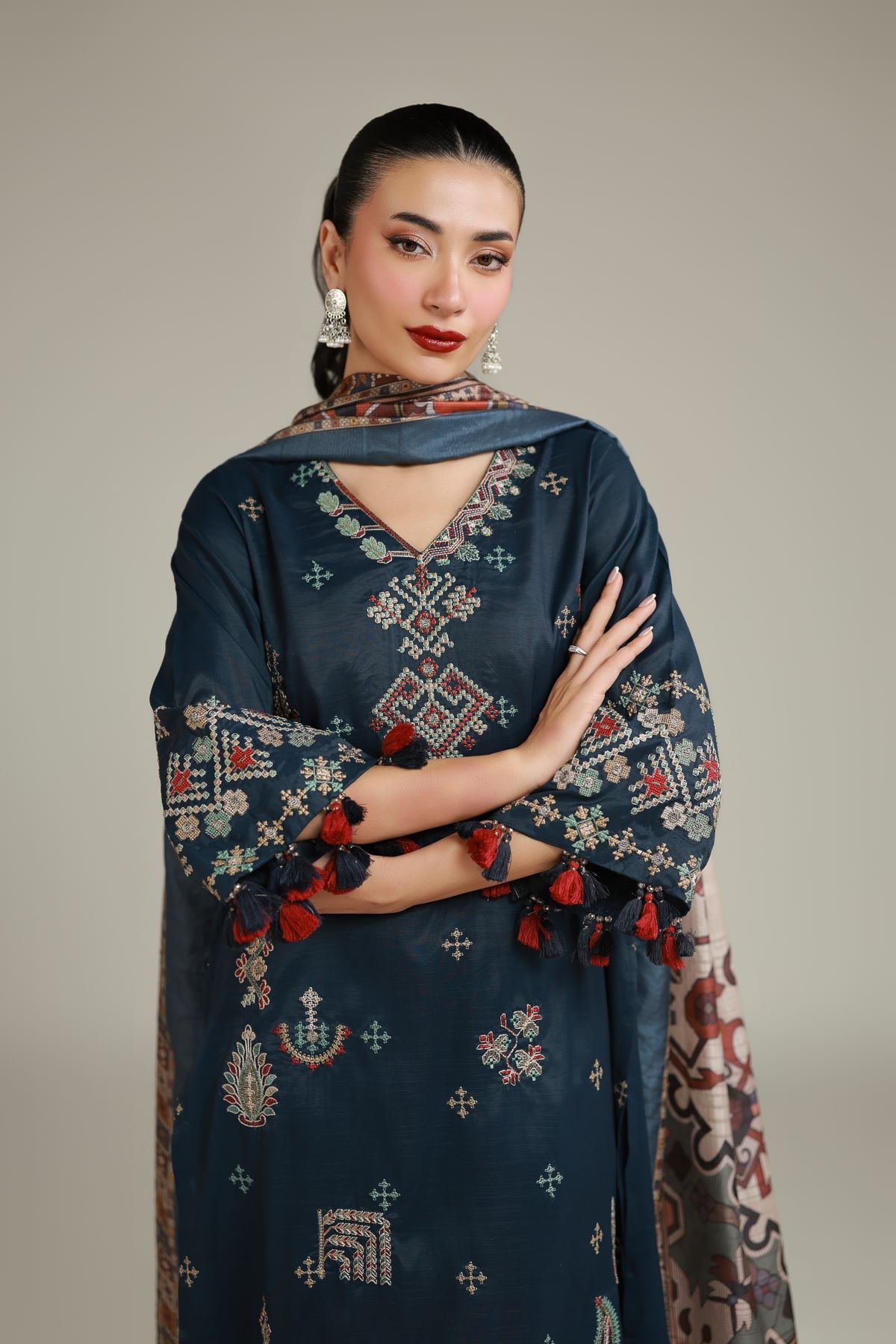 Embroidered Raw Silk Embroidered Navy Kurta - 2-26-108-F-D-VG