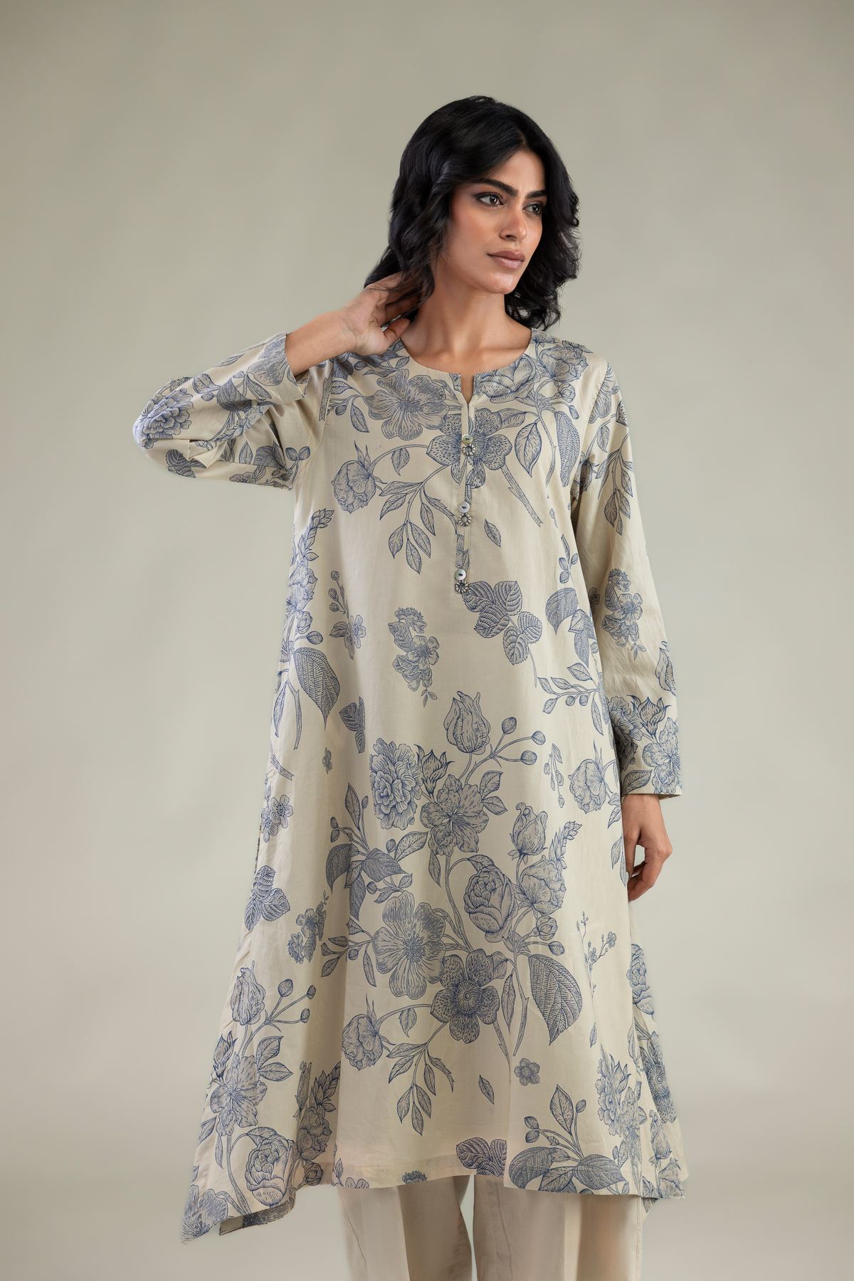 Embroidered Cambric Floral Longline Kurta - 1-26-229-B-F1-VG