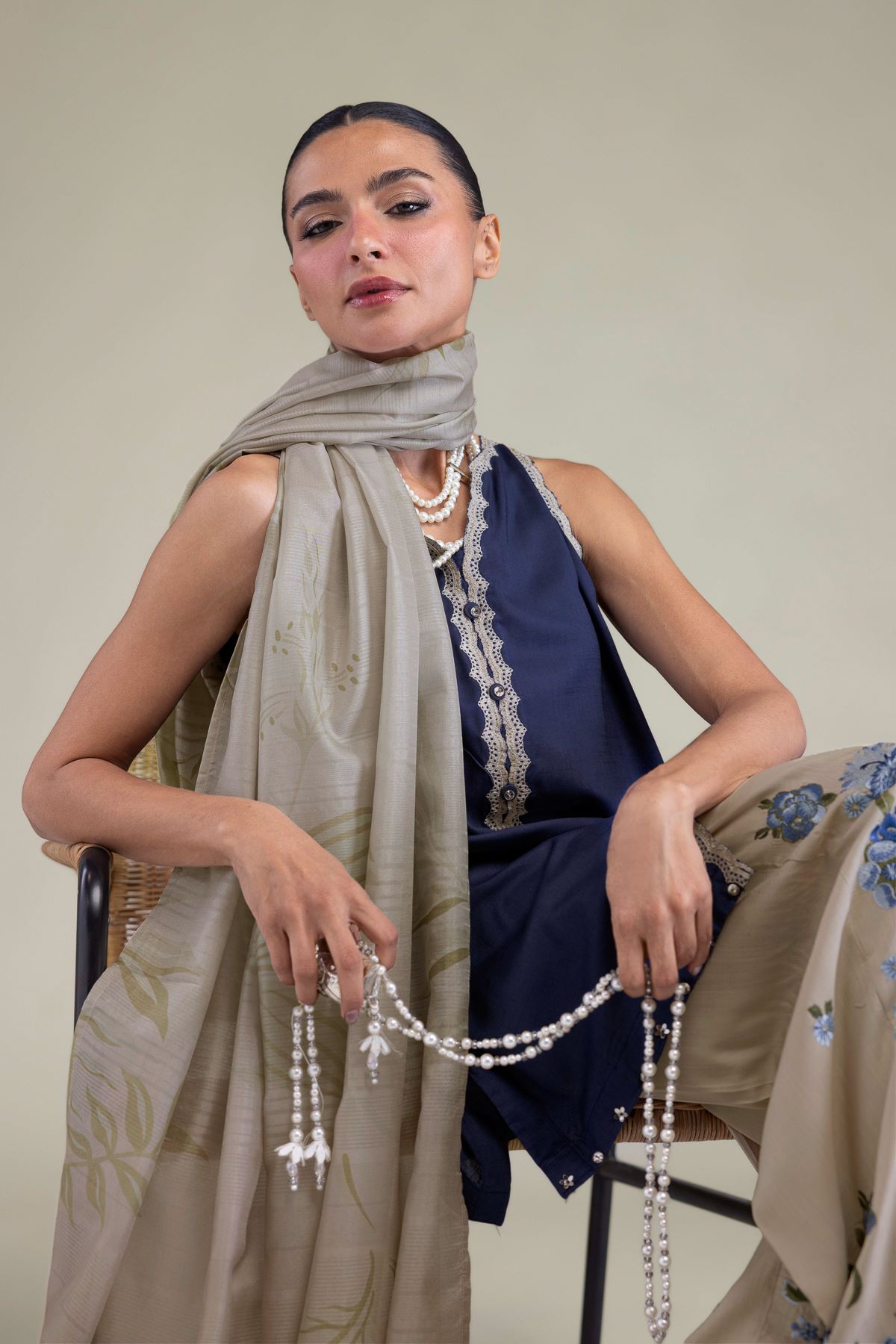 Embroidered Polyester Silk Floral Beige Dupatta - 2-26-202-A-C-VG