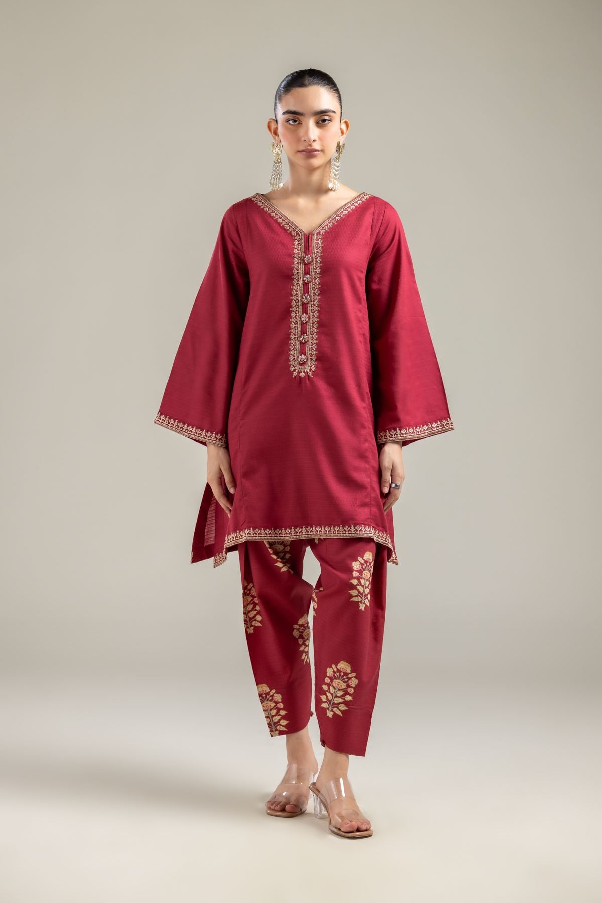 Embroidered Cotton Dobby Maroon V-Neck Kurta - 1-26-142-A-H-VG