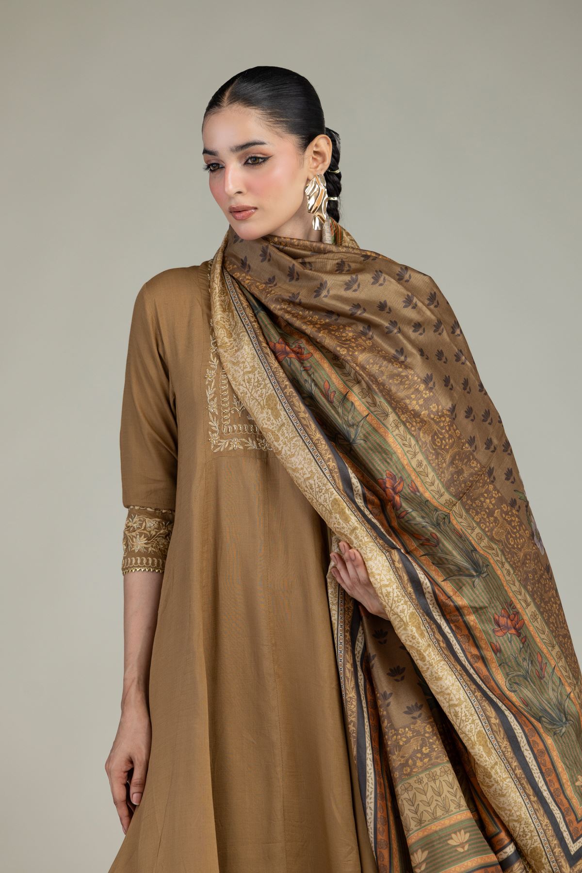 Printed Polyester Silk Floral Brown Dupatta - 2-26-203-A-B1-VG