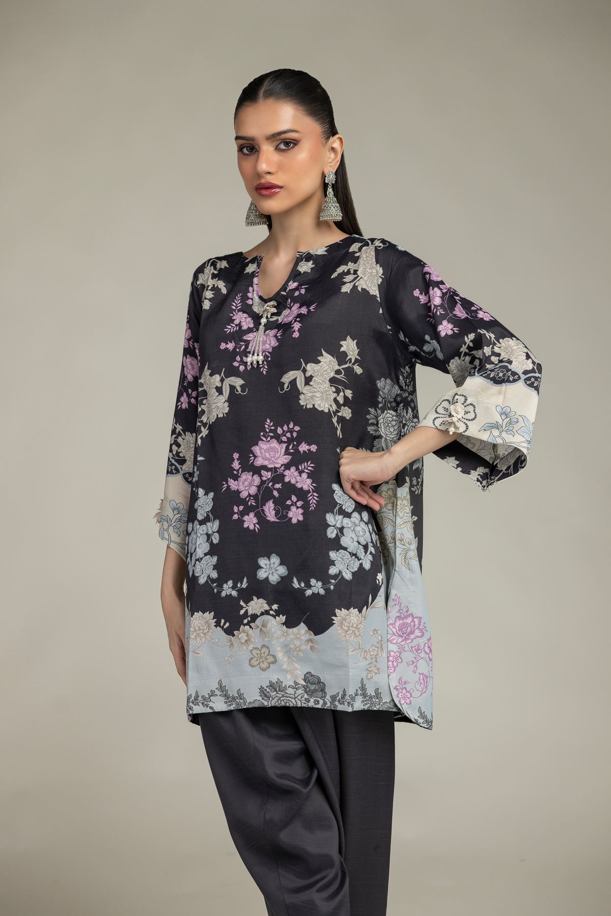 Embroidered Raw Silk Short Black Kurta - 1-26-225-A-C1-VG