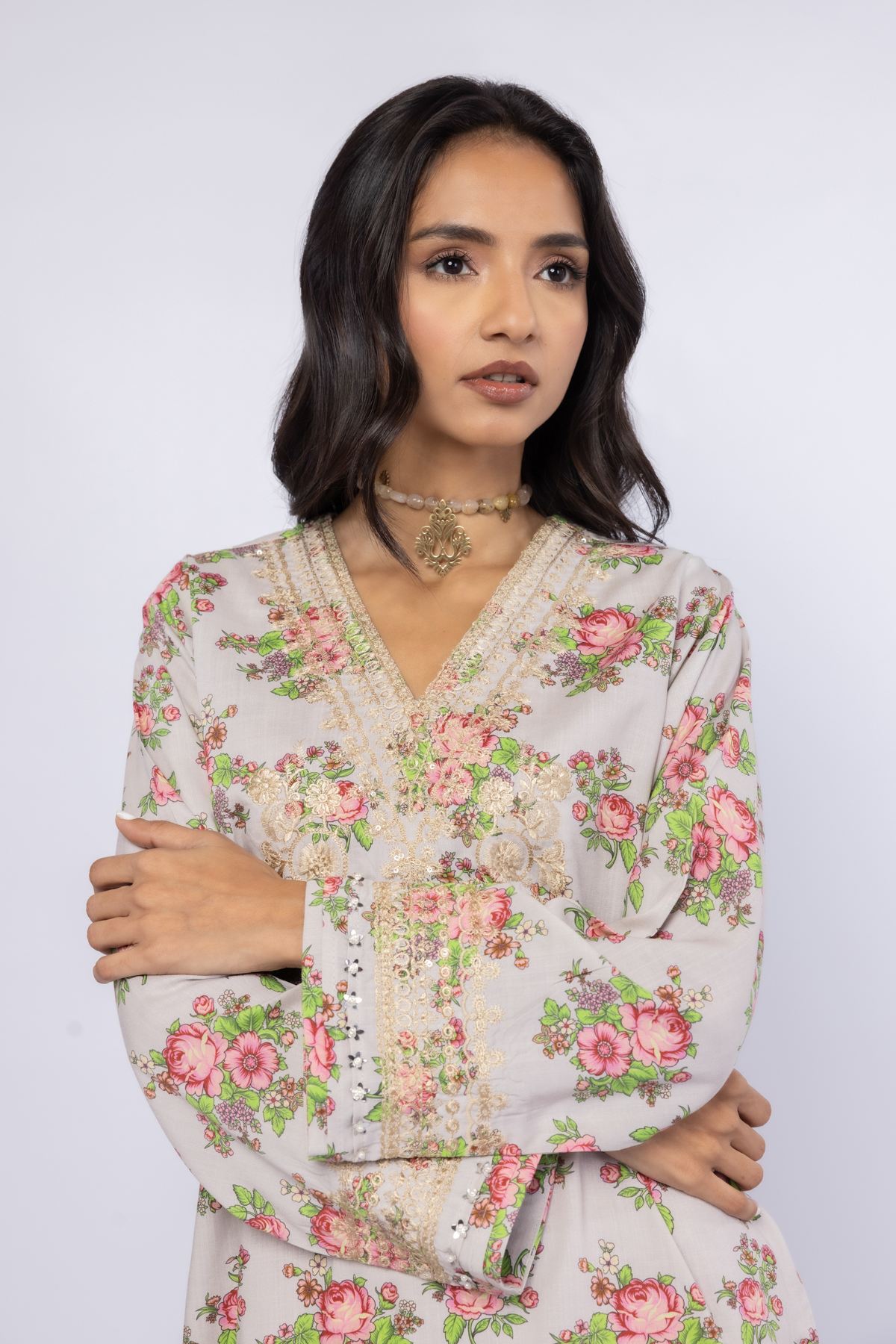 Embroidered Crosshatch Raw Silk Kurta - 25-08-8E6-02TA-VG