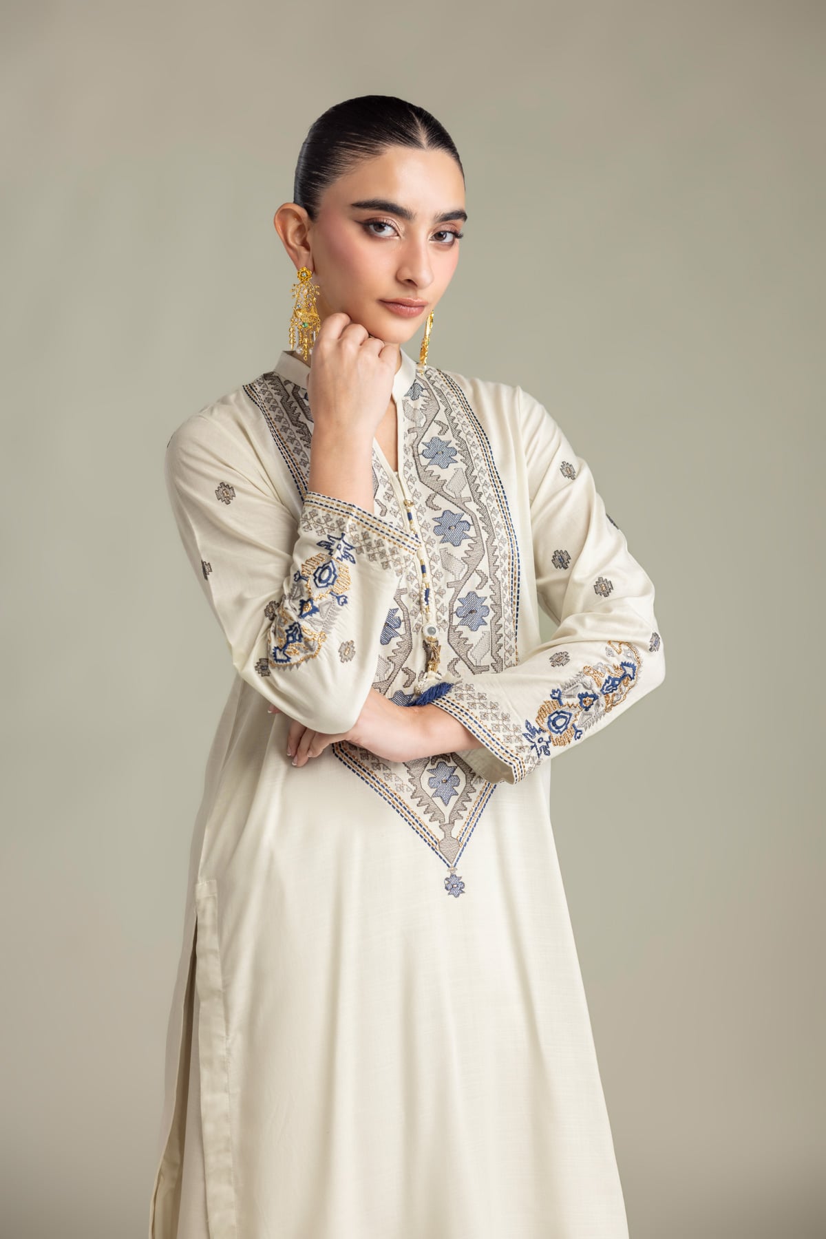 Embroidered Raw Silk Off-White Silk Kurta - 2-26-415-A-H1-VG