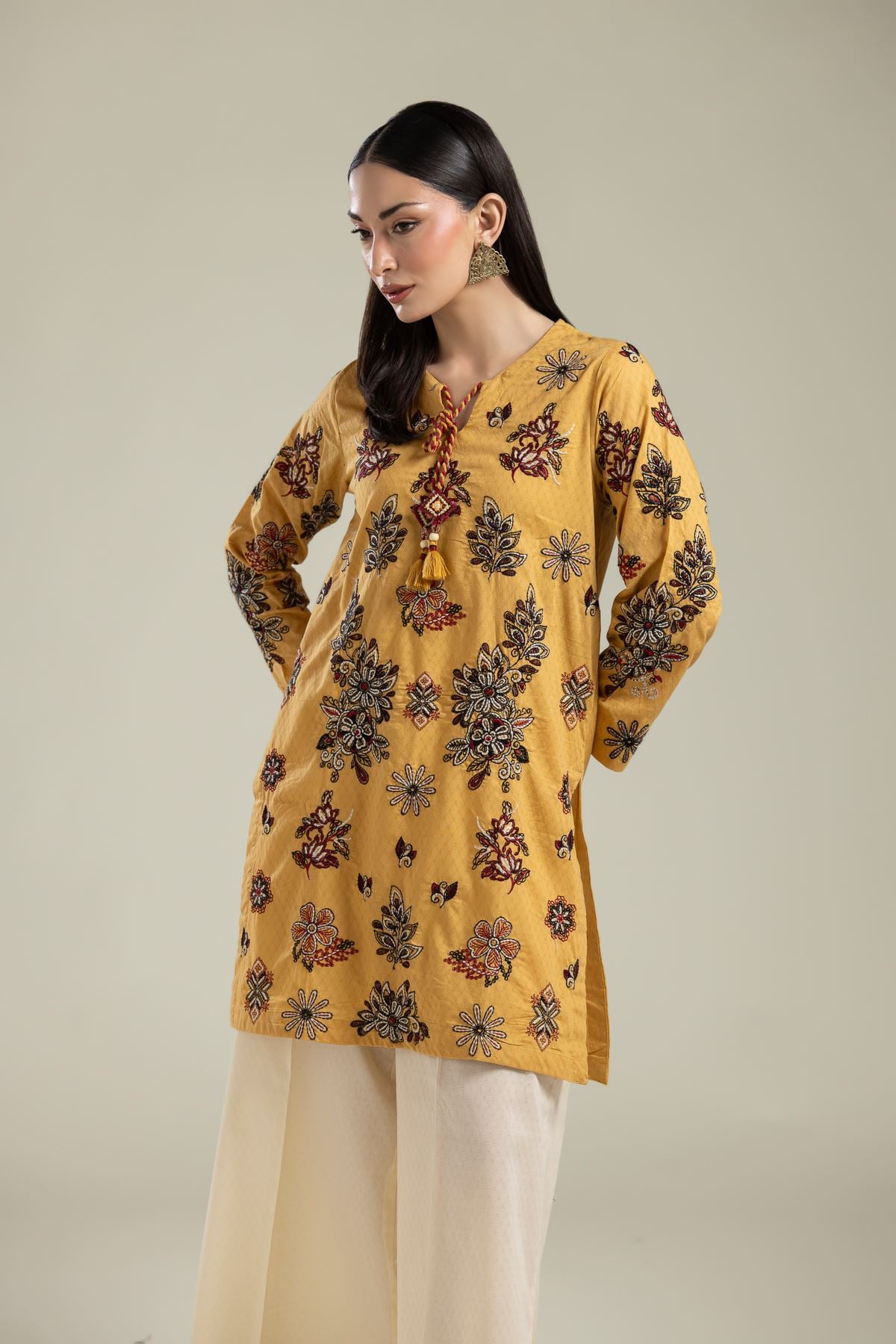 Embroidered Cotton Dobby Floral Mustard Kurta - 26-01-3E2-09TA-VG