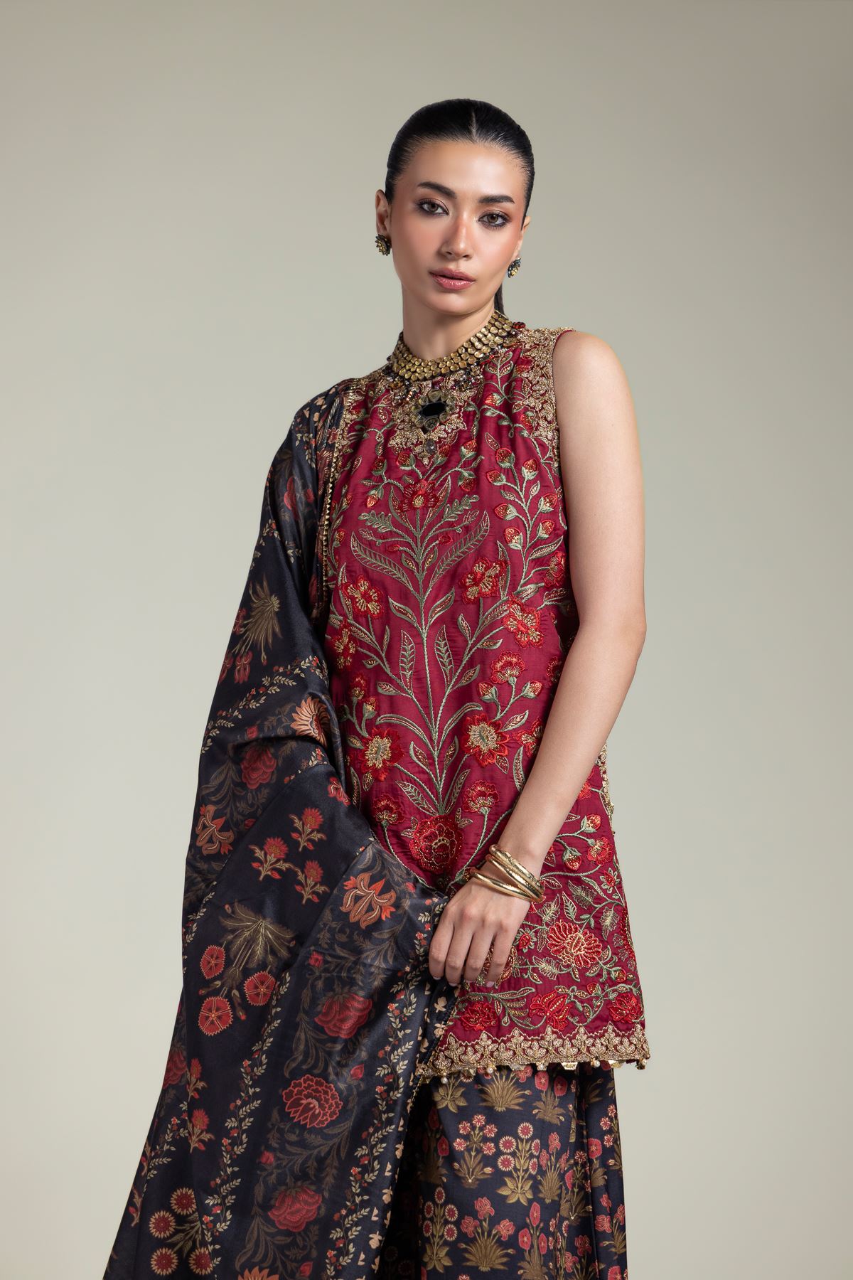 Embroidered Raw Silk Three-Piece Silk Set - 12-26-115-F-B-VG