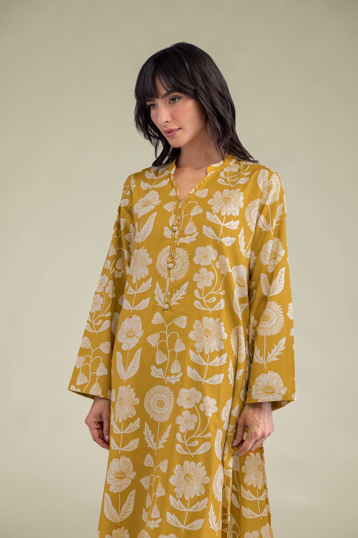 Printed Cambric Floral Band-Collar Kurta - 2-26-212-A-H1-VG