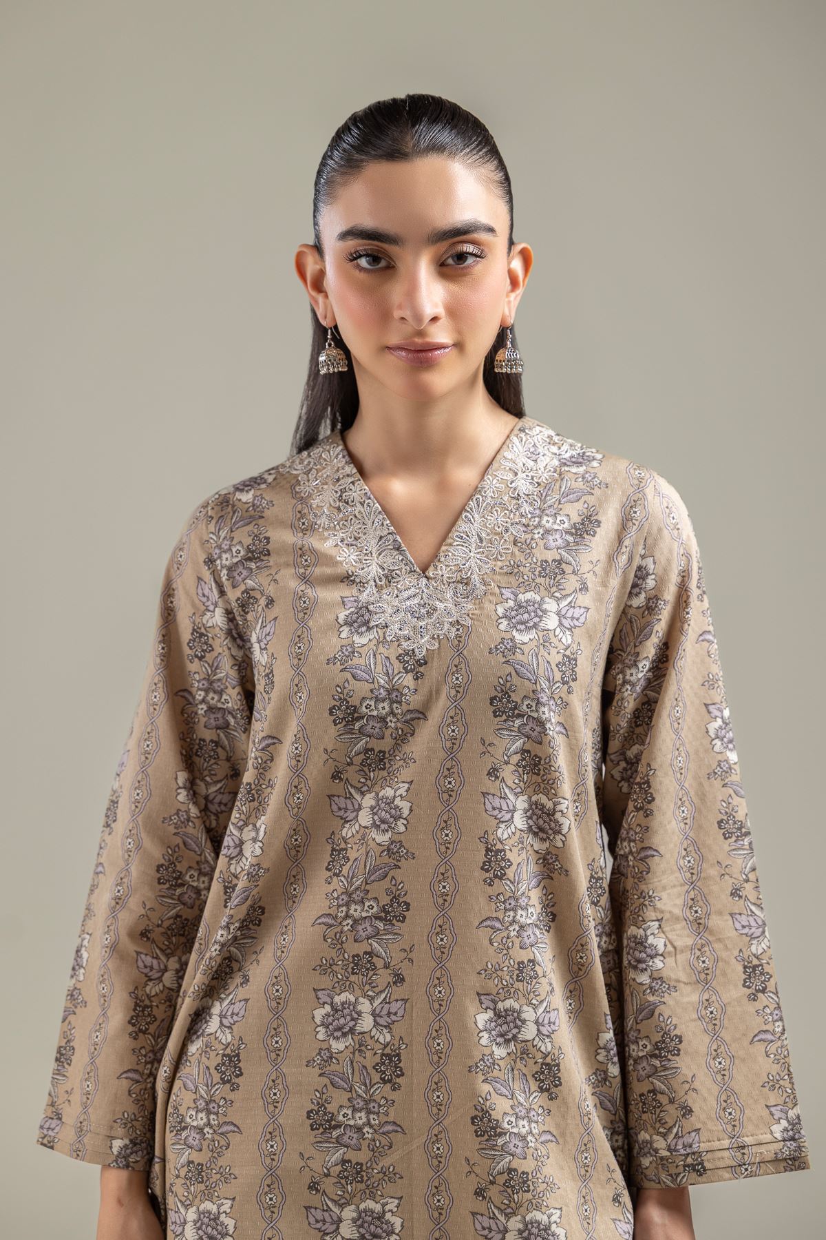 Embroidered Cotton Dobby Beige V-Neck Kurta - 1-26-142-A-B-VG