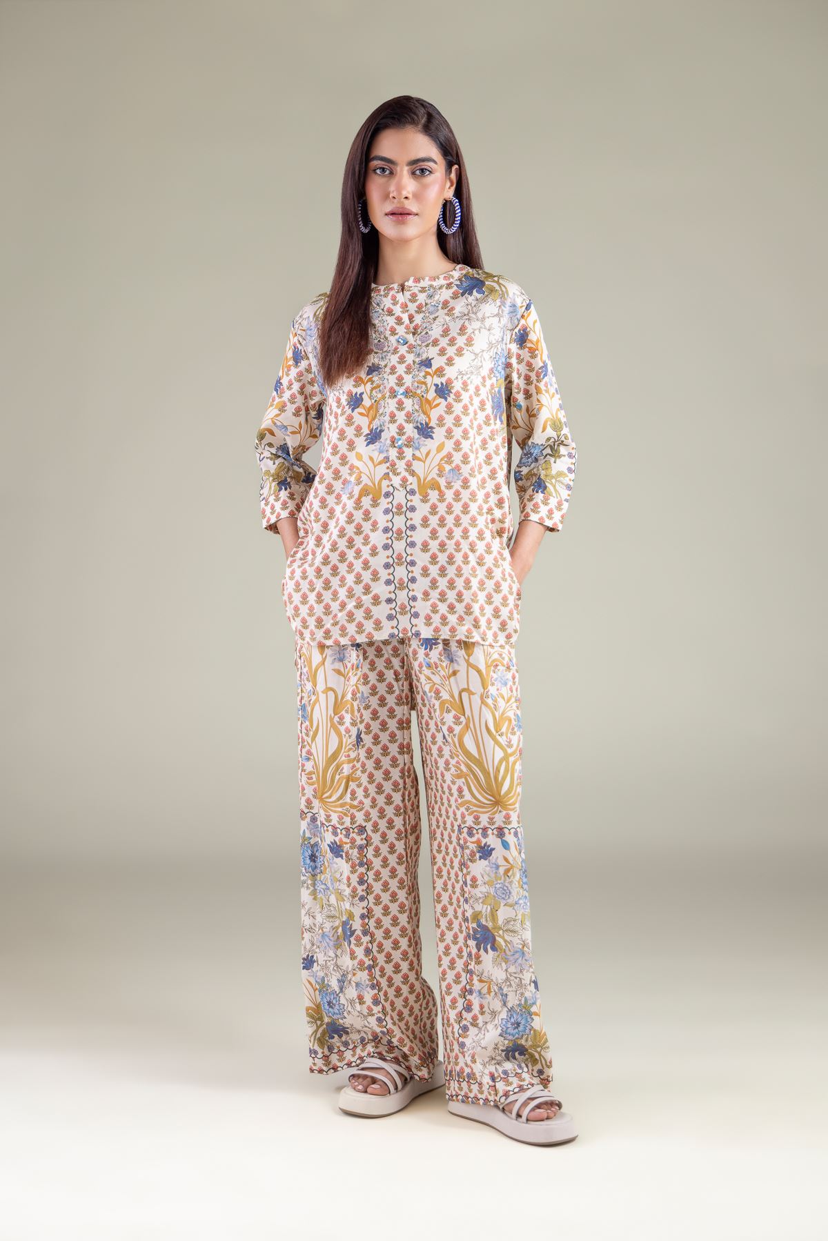 Embroidered Textured Weave Trousers - 6-26-101-A-F-VG