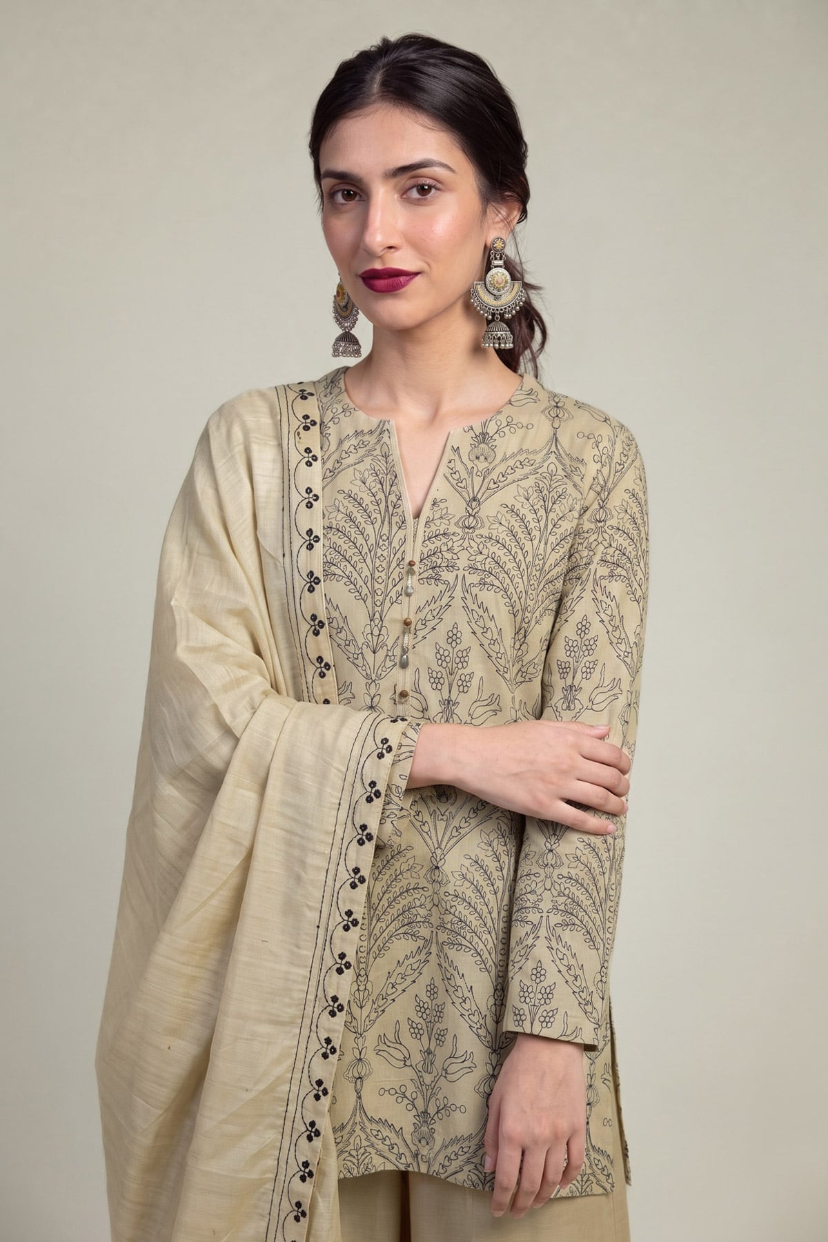 Embroidered Polyester Silk Beige Silk Dupatta - 1-26-309-B-D1-VG