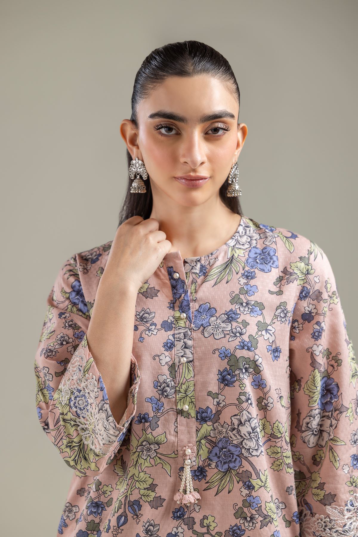 Embroidered Cotton Dobby Floral Peach Kurta - T-A22-26-120FG1-VG