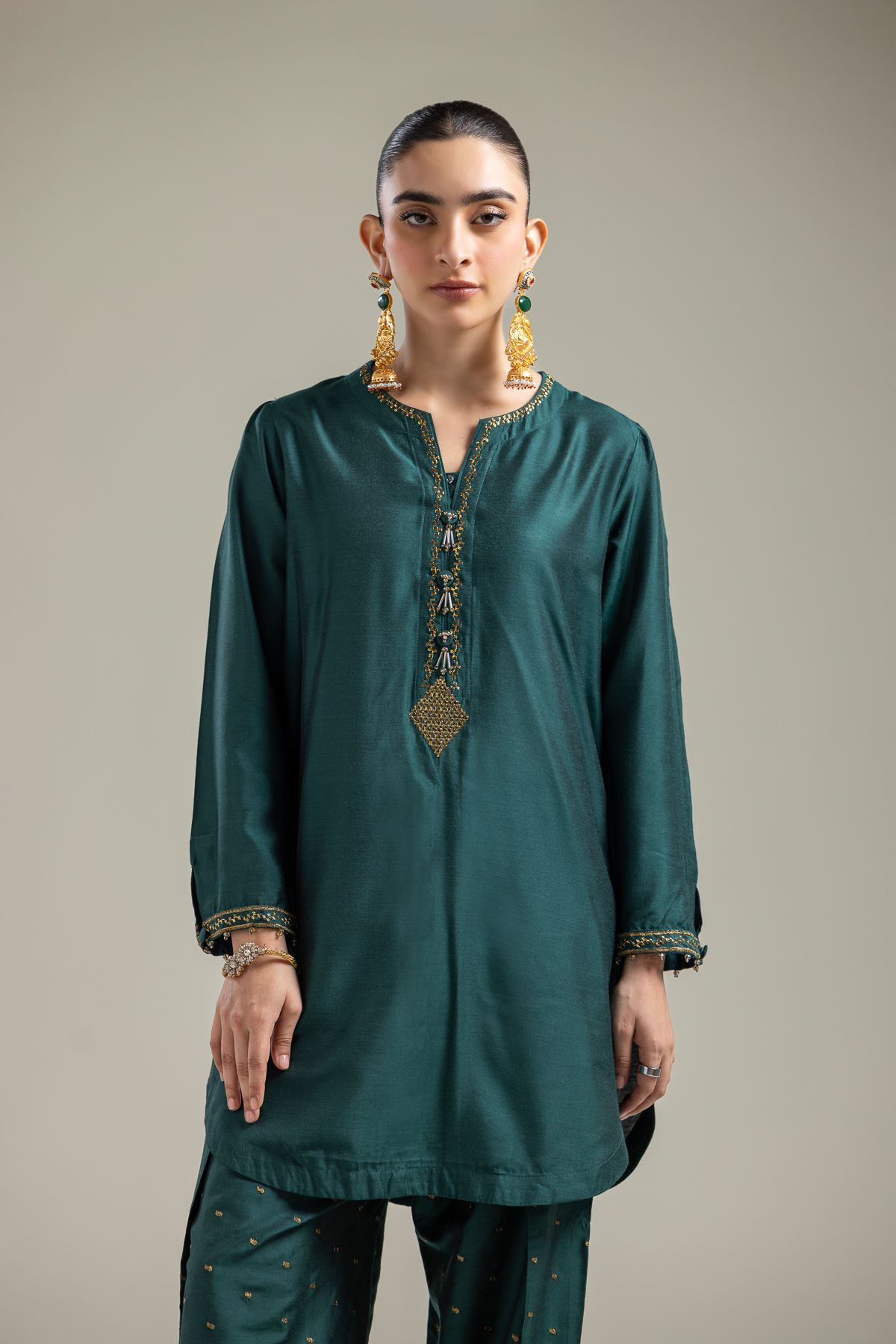 Raw Silk Green V-Neck Kurta - 2-26-107-A-F-VG