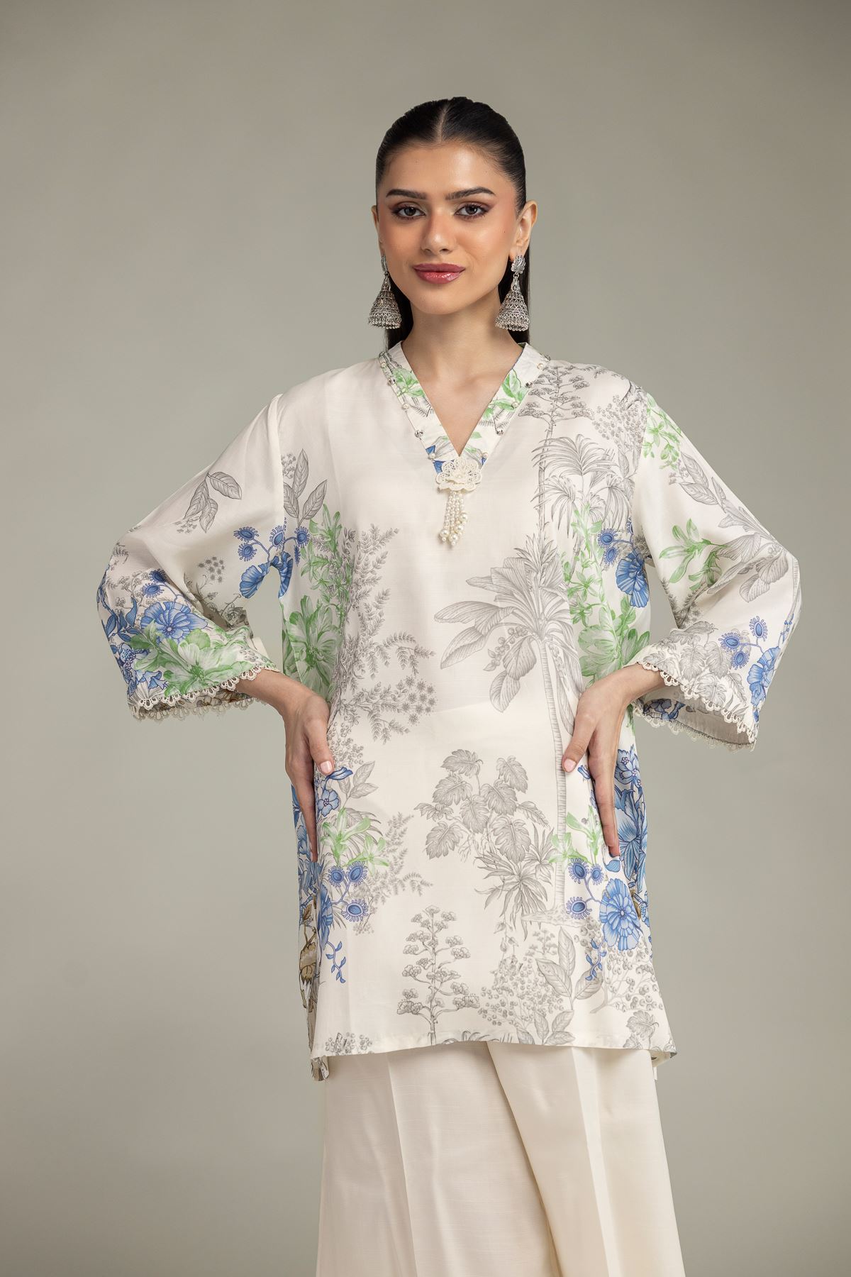 Embroidered Raw Silk Floral V-Neck Kurta - 1-26-221-A-G1-VG
