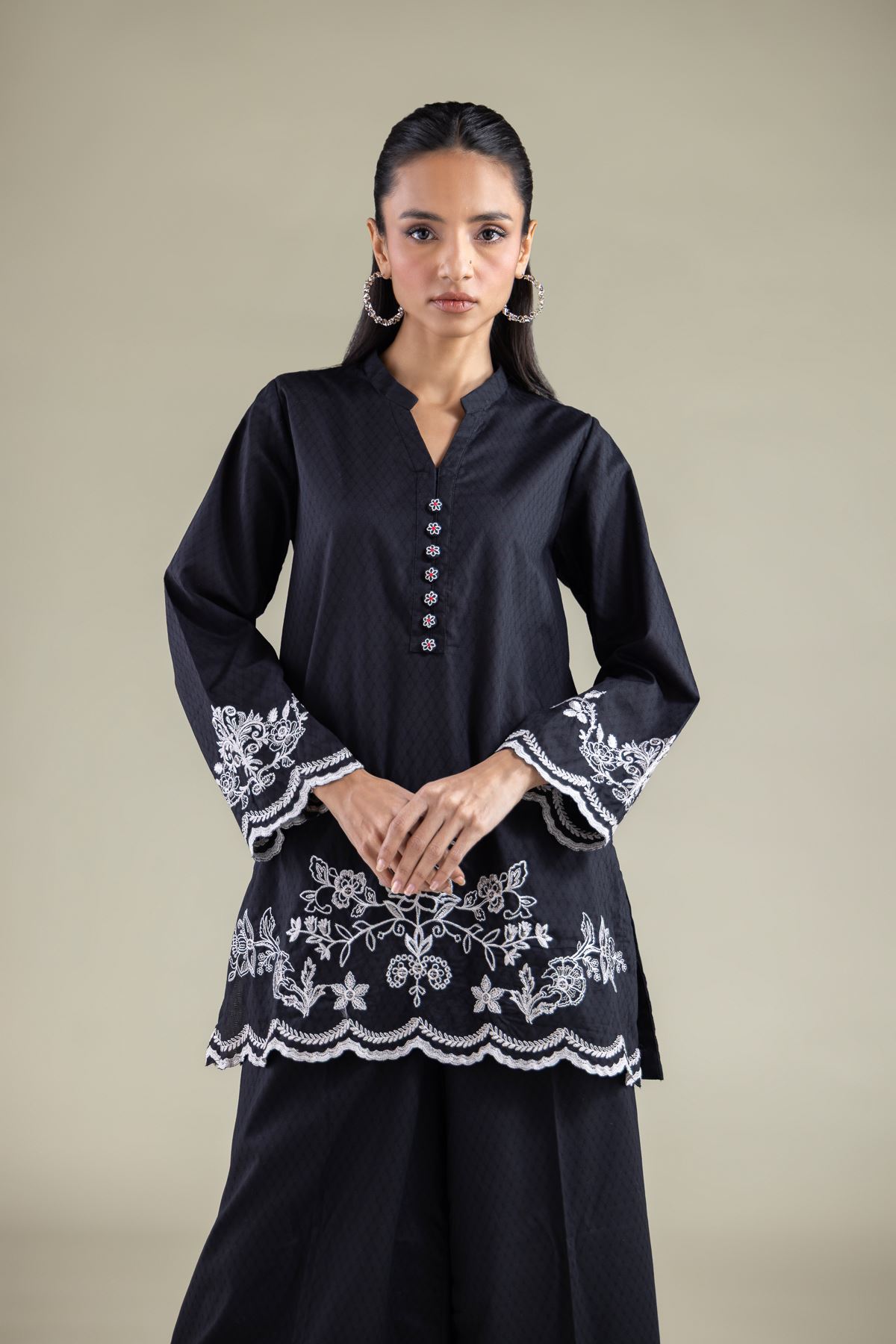 Embroidered Cotton Dobby V-neck Floral Kurta - 2-26-105-A-D-VG