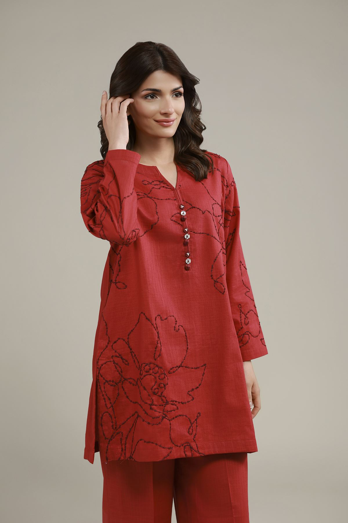 Embroidered Heavy Textured Cotton Floral Threadwork Kurta - EET24546B-VG