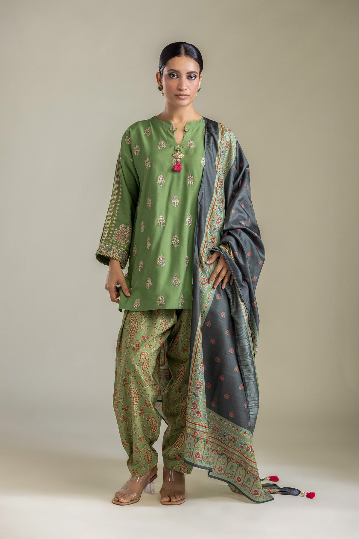 Embroidered Raw Silk Short Green Kurta - 2-26-403-A-J1-VG