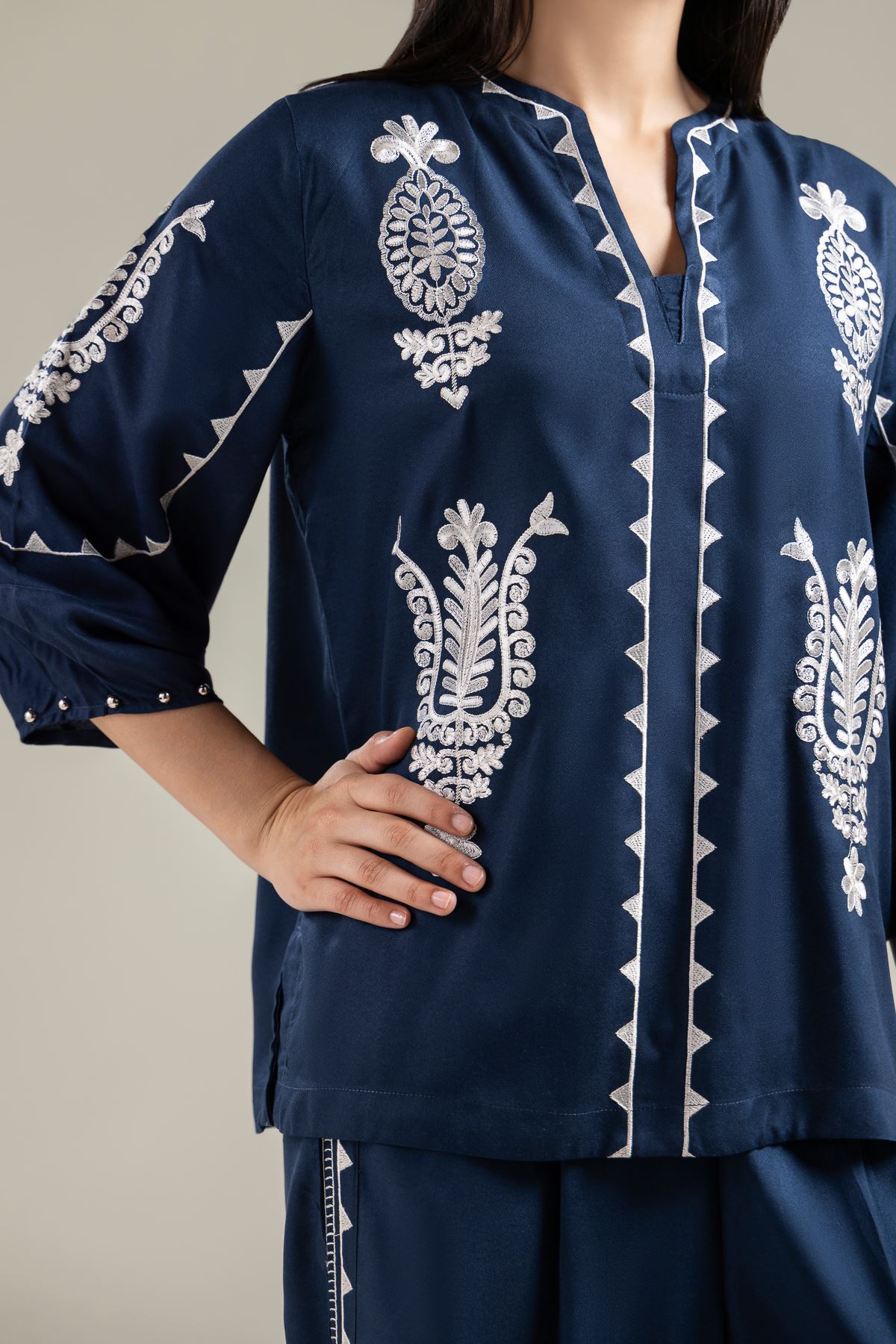 Embroidered Viscose Crepe Embroidered Navy Blouse - 1-26-142-A-D-VG