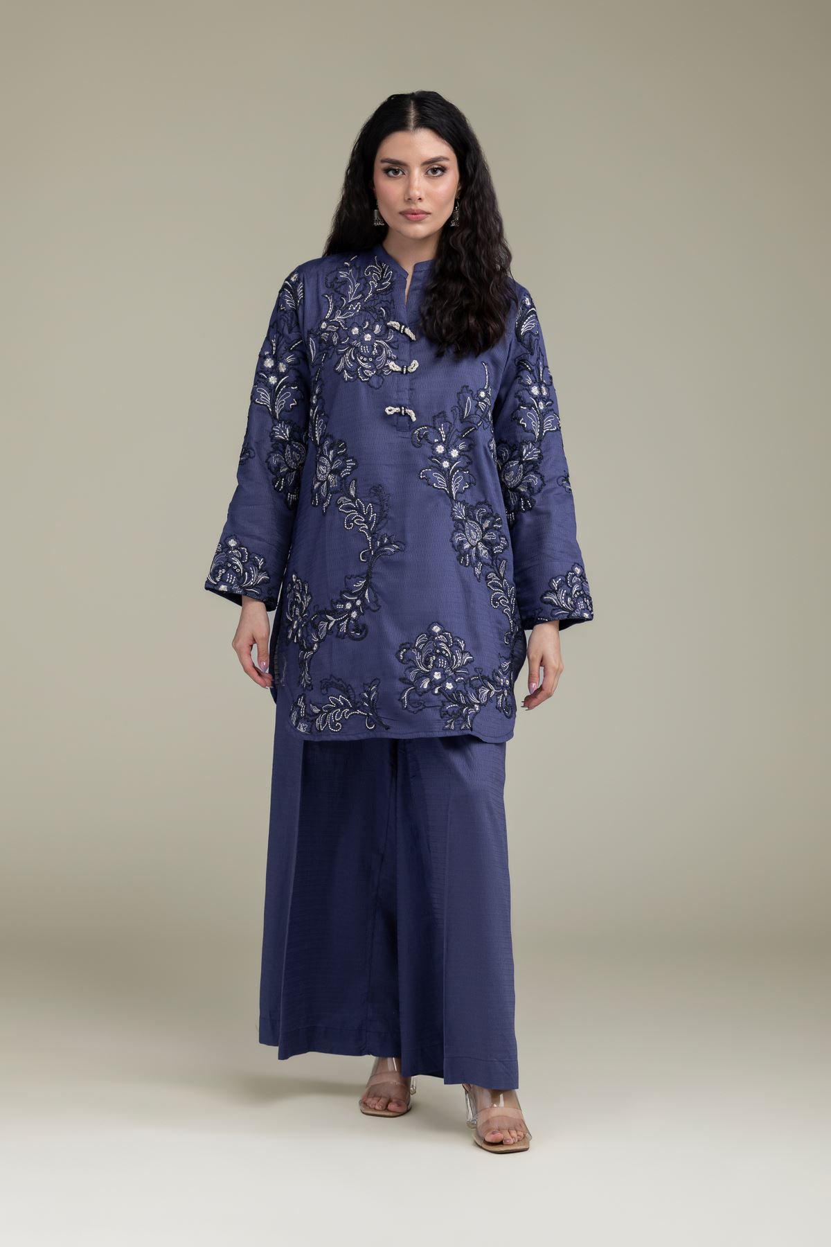 Embroidered Cotton Dobby Navy Cotton Pants - 25-10-12E1-10TB-VG