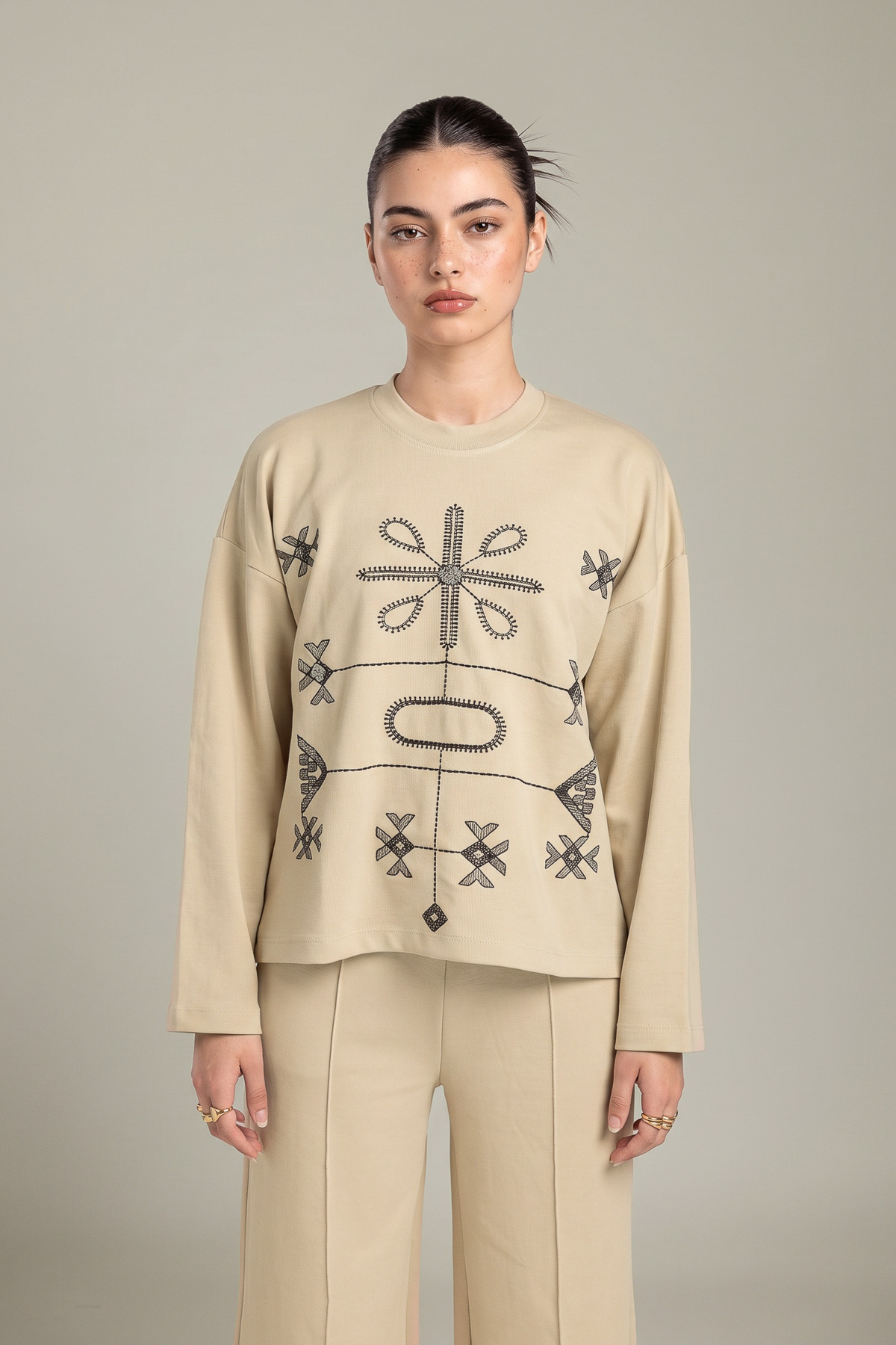 Embroidered Double Jersey Tribal Pullover Sweatshirt - 2-26-202-A-D-VG