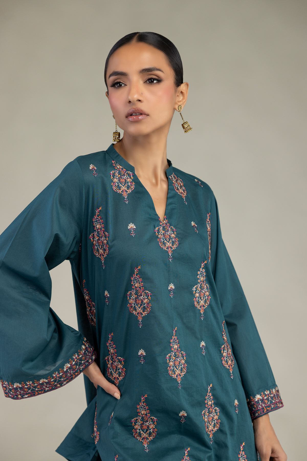 Embroidered Cambric Short Teal Kurta - 1-26-325-A-I1-VG