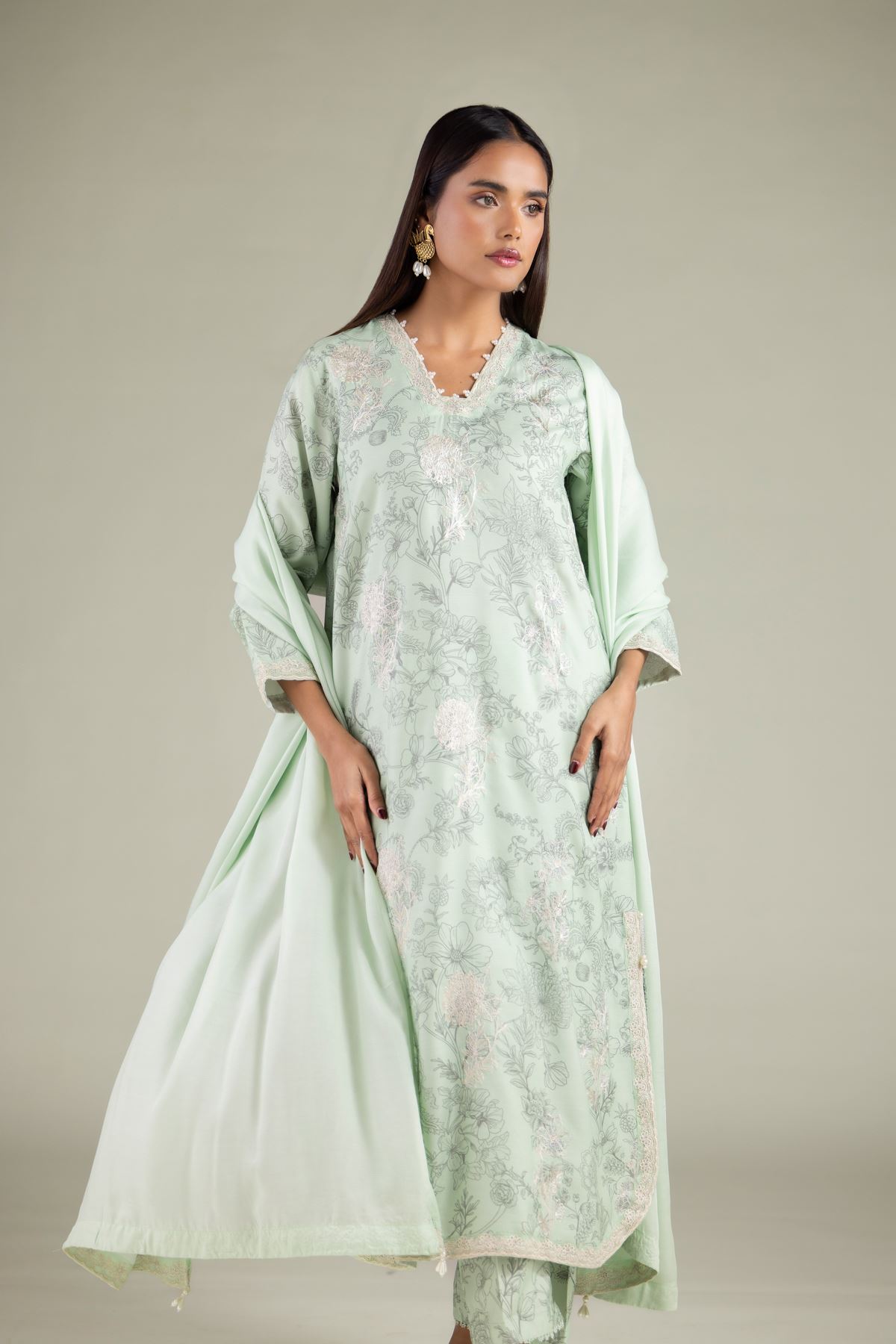 Embroidered Raw Silk Floral Lace Dupatta - 2-26-112-A-D-VG