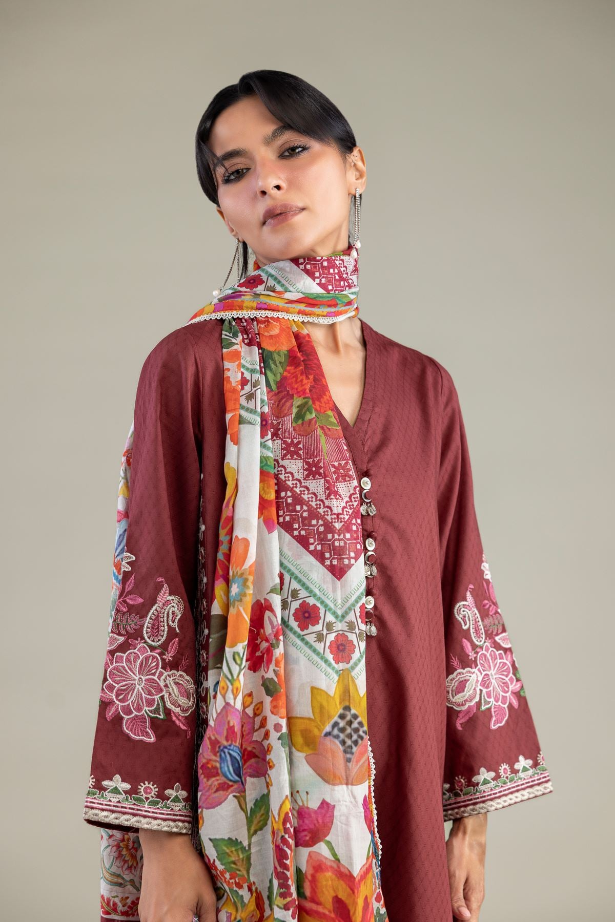 Embroidered Lawn Floral Lawn Dupatta - 1-26-102-A-F-VG