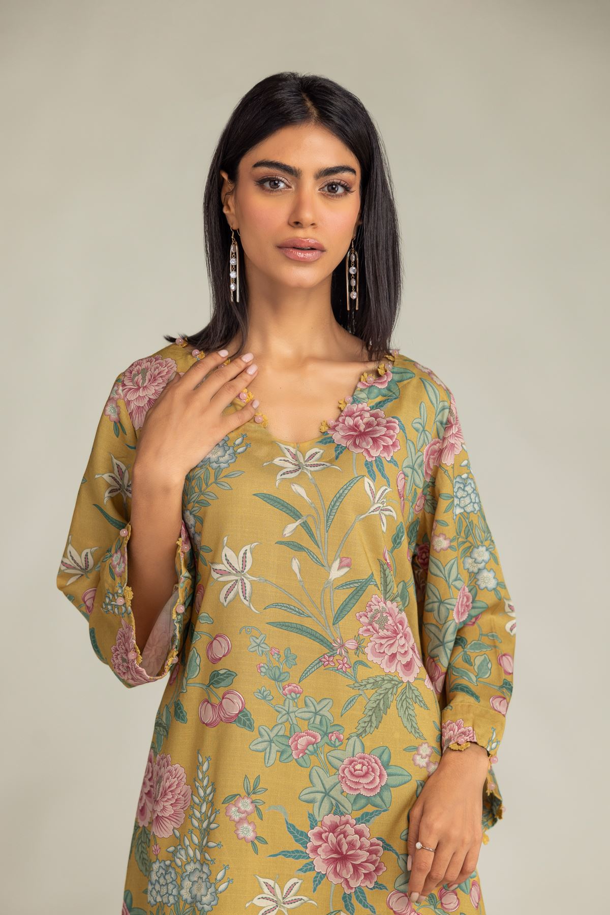 Printed Raw Silk Short Mustard Kurta - 1-26-309-B-D1-VG