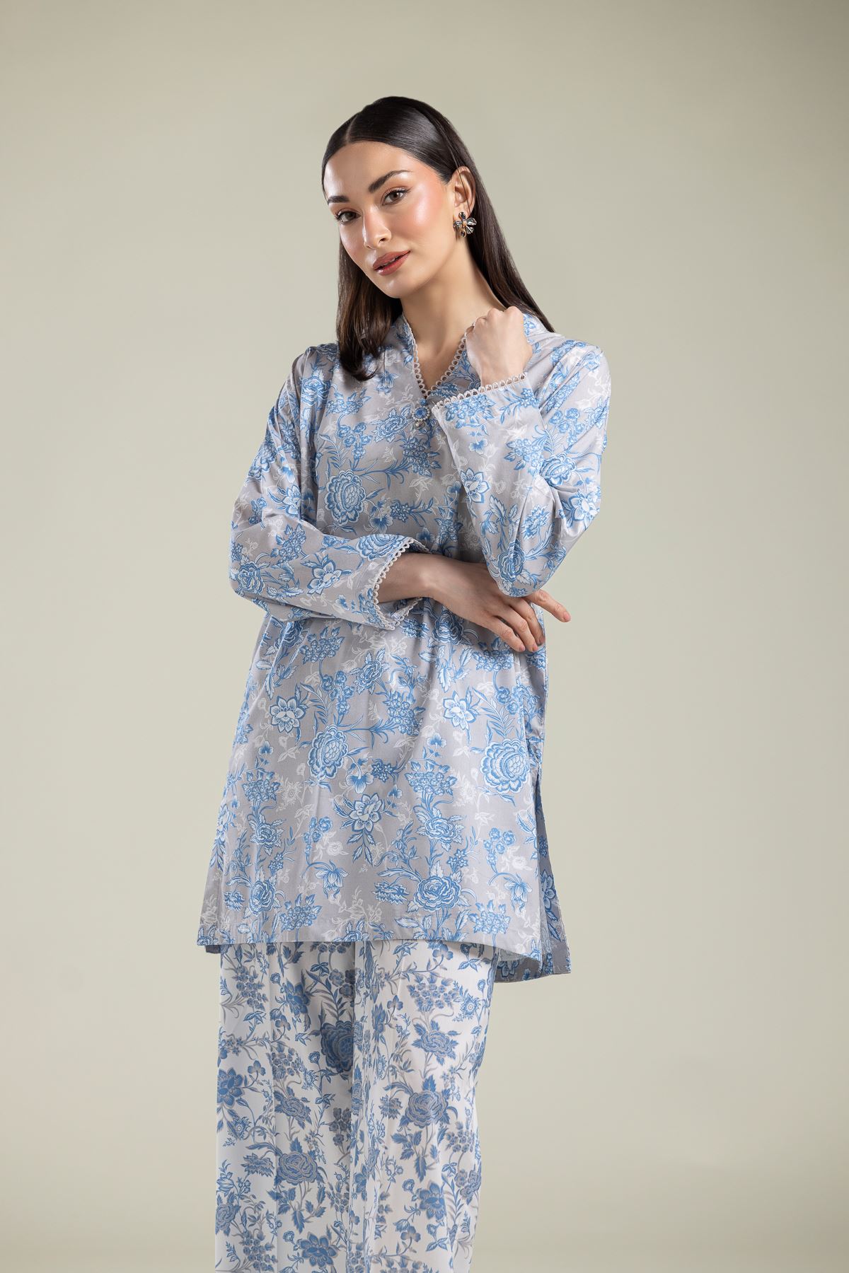 Printed Cotton Viscose Gray Floral Kurta - 1-26-204-A-A1-VG
