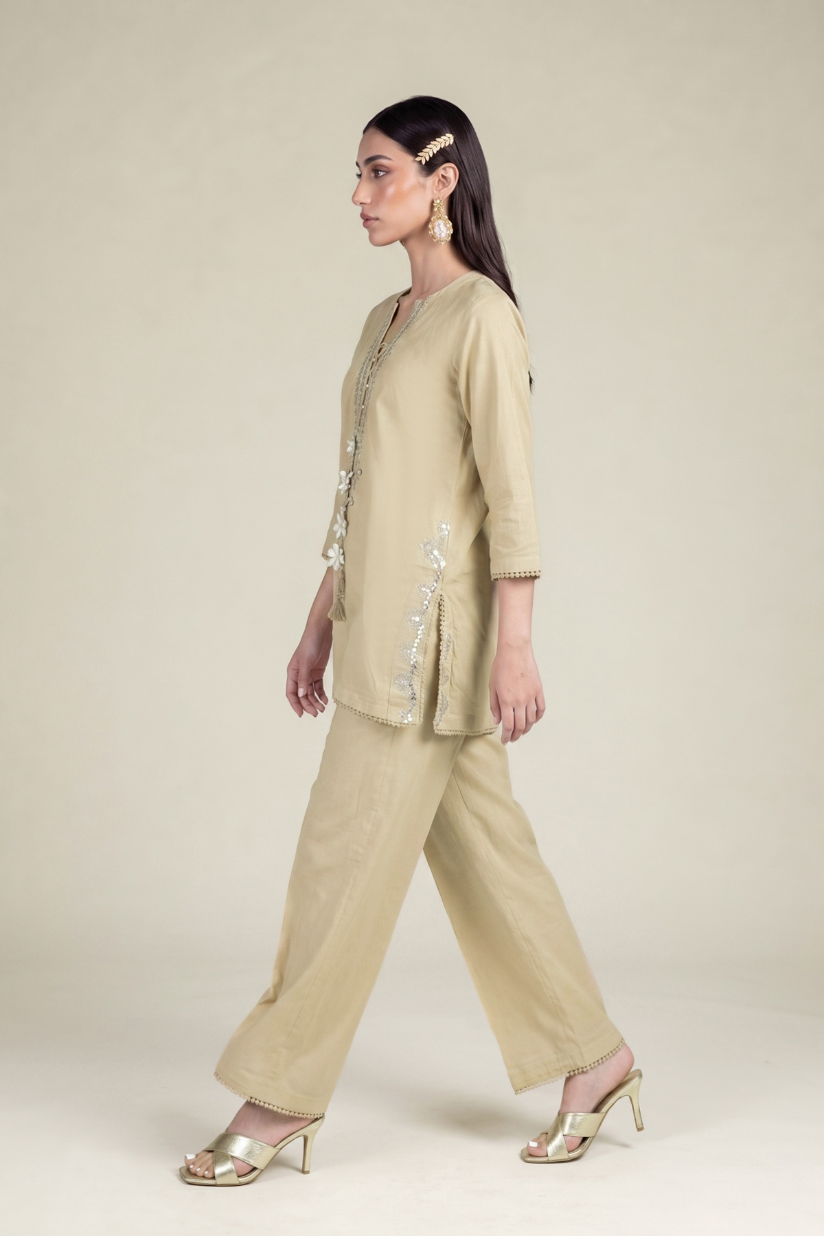 Embroidered Cambric Beige Solid Pants - 1-26-102-A-F-VG