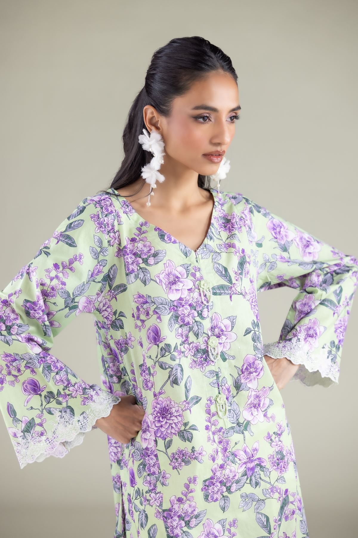 Embroidered Cambric Floral V-Neck Kurta - 1-26-129-A-D-VG