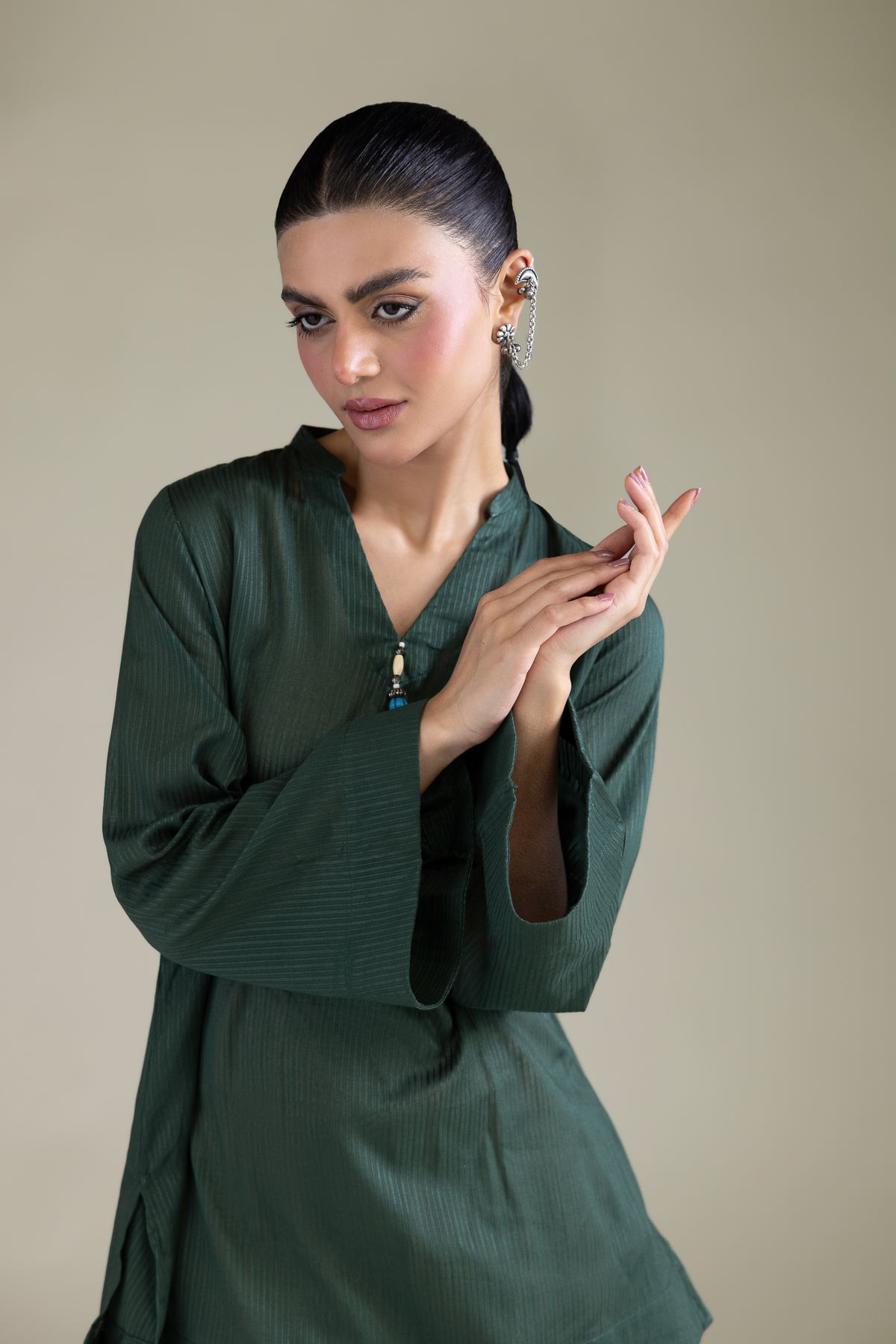 Dyed Cotton Dobby Solid V-Neck Kurta - T-A11-26-117FC1-VG