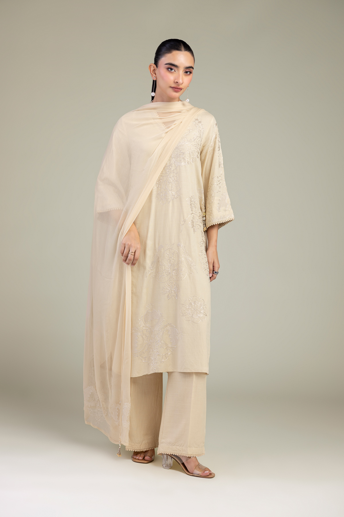 Embroidered Chiffon Beige Floral Dupatta - 1-26-102-A-F-VG