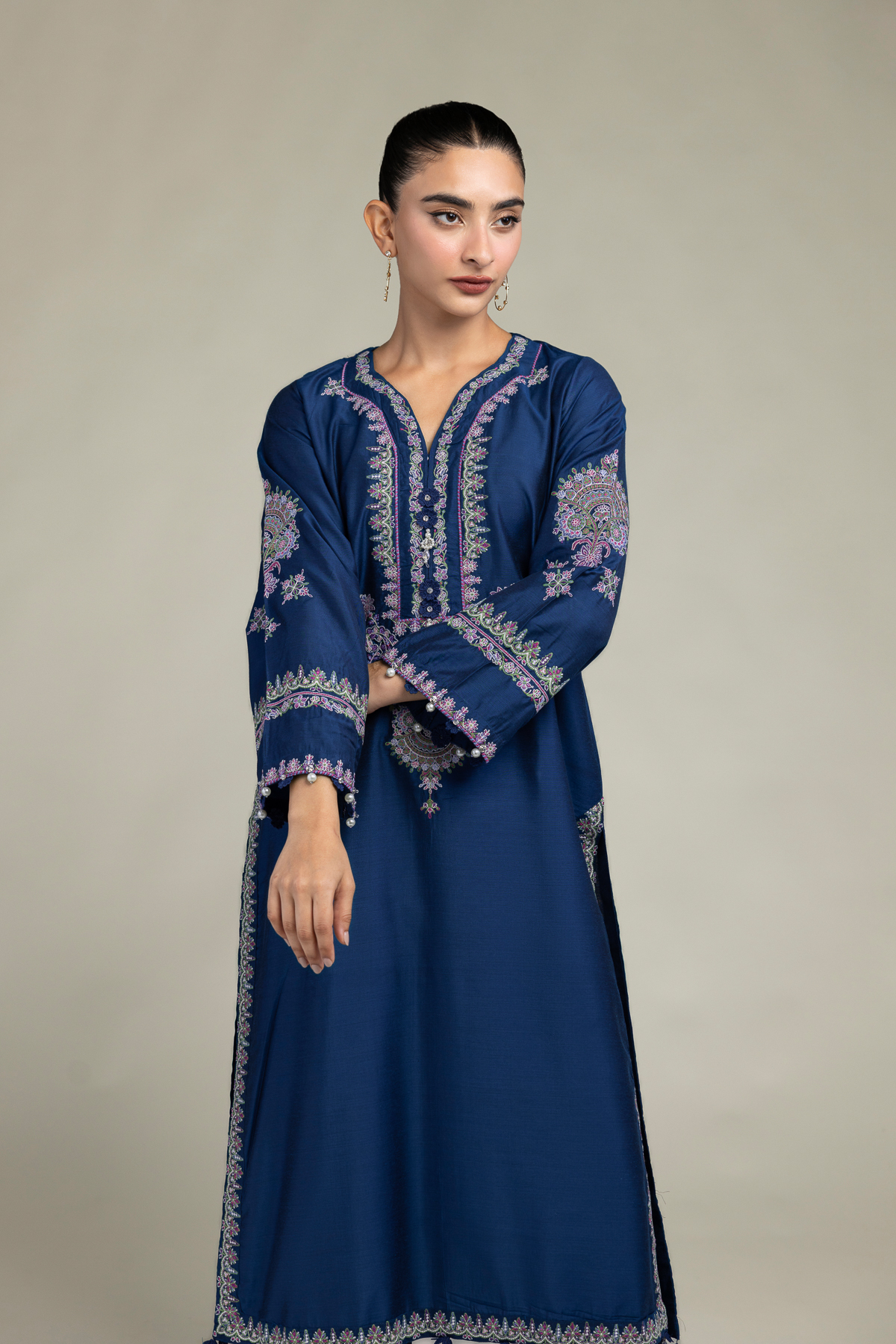Embroidered Raw Silk Navy Longline Kurta - 1-26-249-A-J2-VG